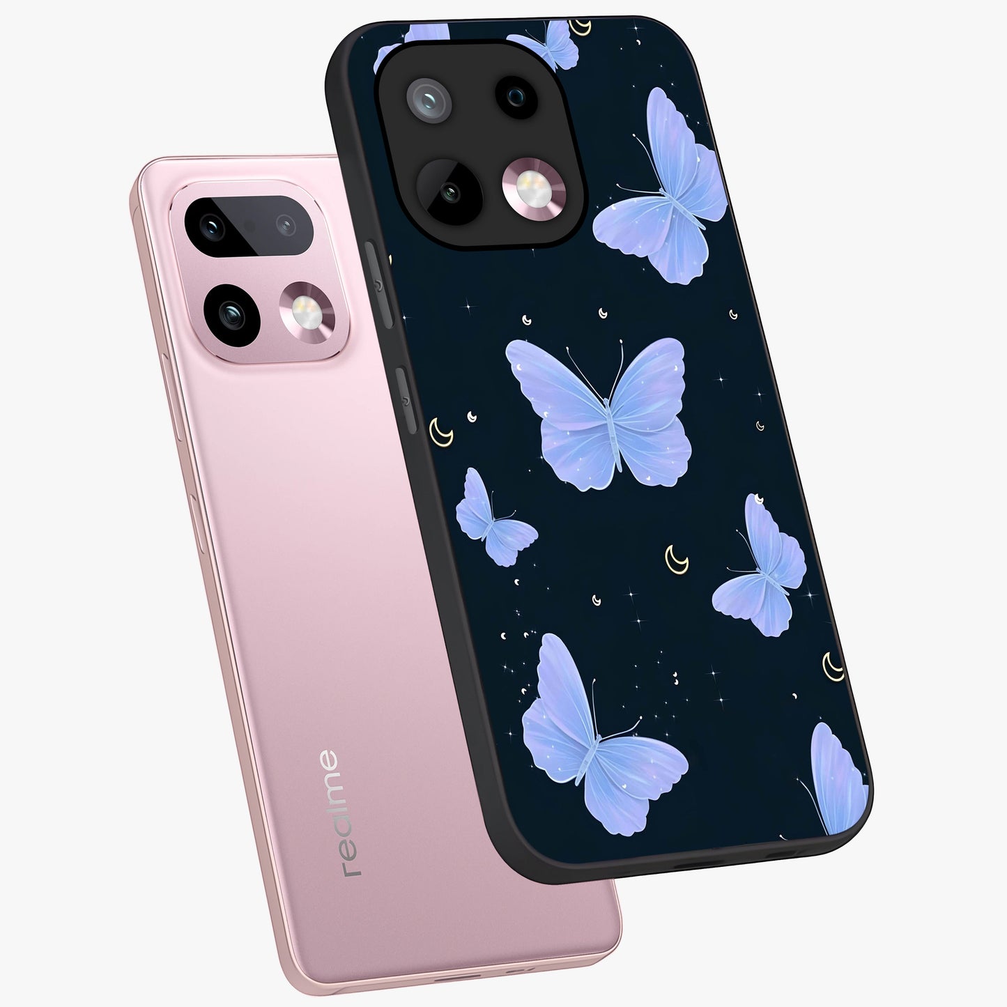 Butterfly With Stars Pattern Glass Case displayed in angled mockup highlighting dreamy butterfly and star design with aesthetic theme.