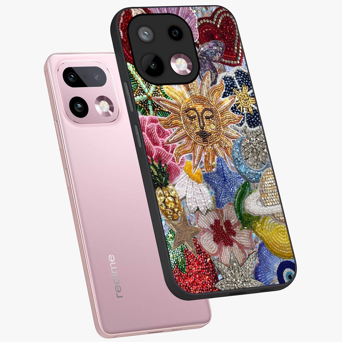 Celestial Floral and Playful Glass Case displayed in angled mockup highlighting playful floral design with dreamy celestial elements.