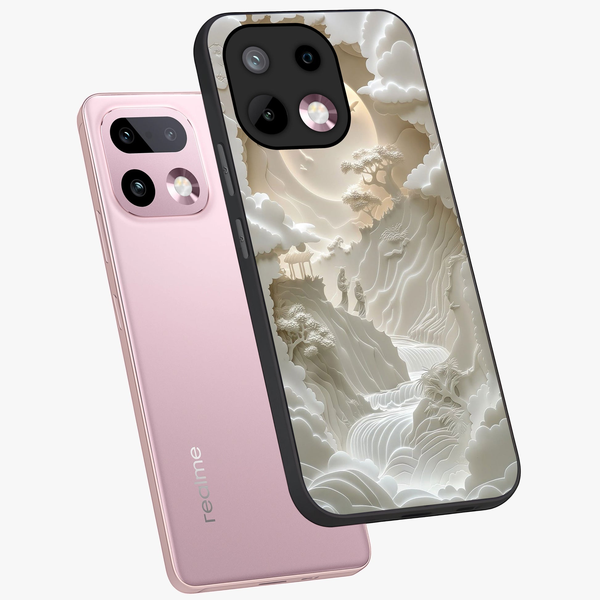 Celestial Origami Glass Case displayed in angled mockup highlighting geometric origami design with cosmic aesthetic theme.
