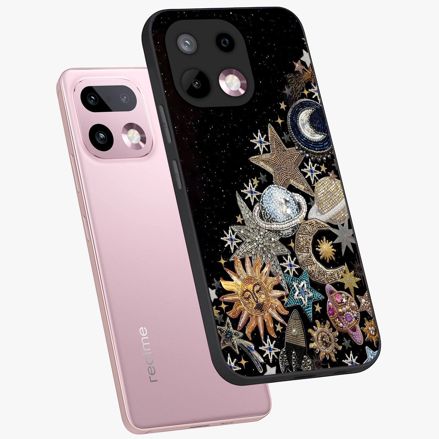 Cosmic Sparkle Dreams Glass Case displayed in angled mockup highlighting dreamy star sparkle design with celestial aesthetic.