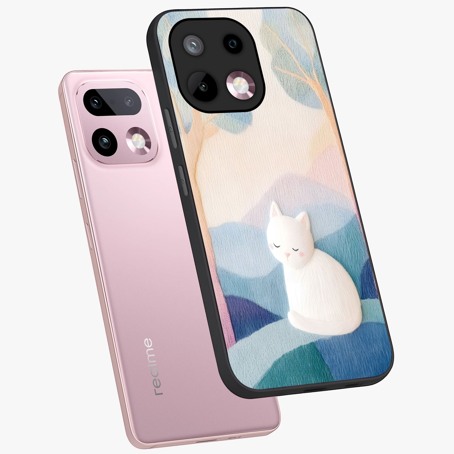 Cotton Dream Cat Glass Case displayed in angled mockup highlighting cute feline illustration with pastel aesthetic style.