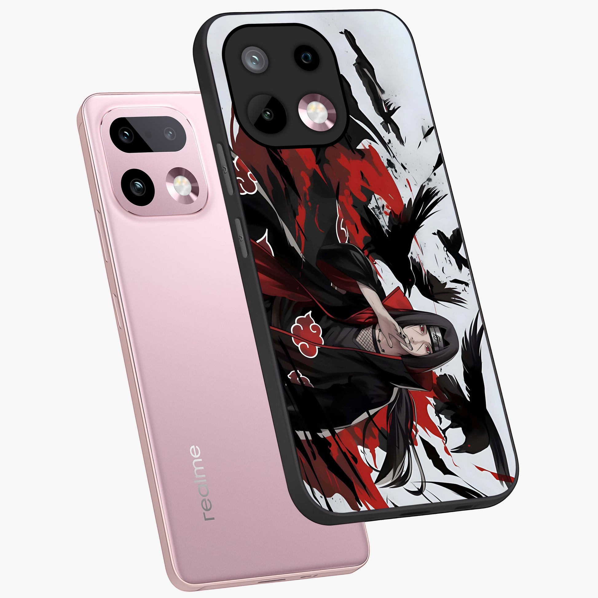 Crimson Crow Illusion Glass Case displayed in angled mockup highlighting mysterious crow graphic with dark aesthetic style.