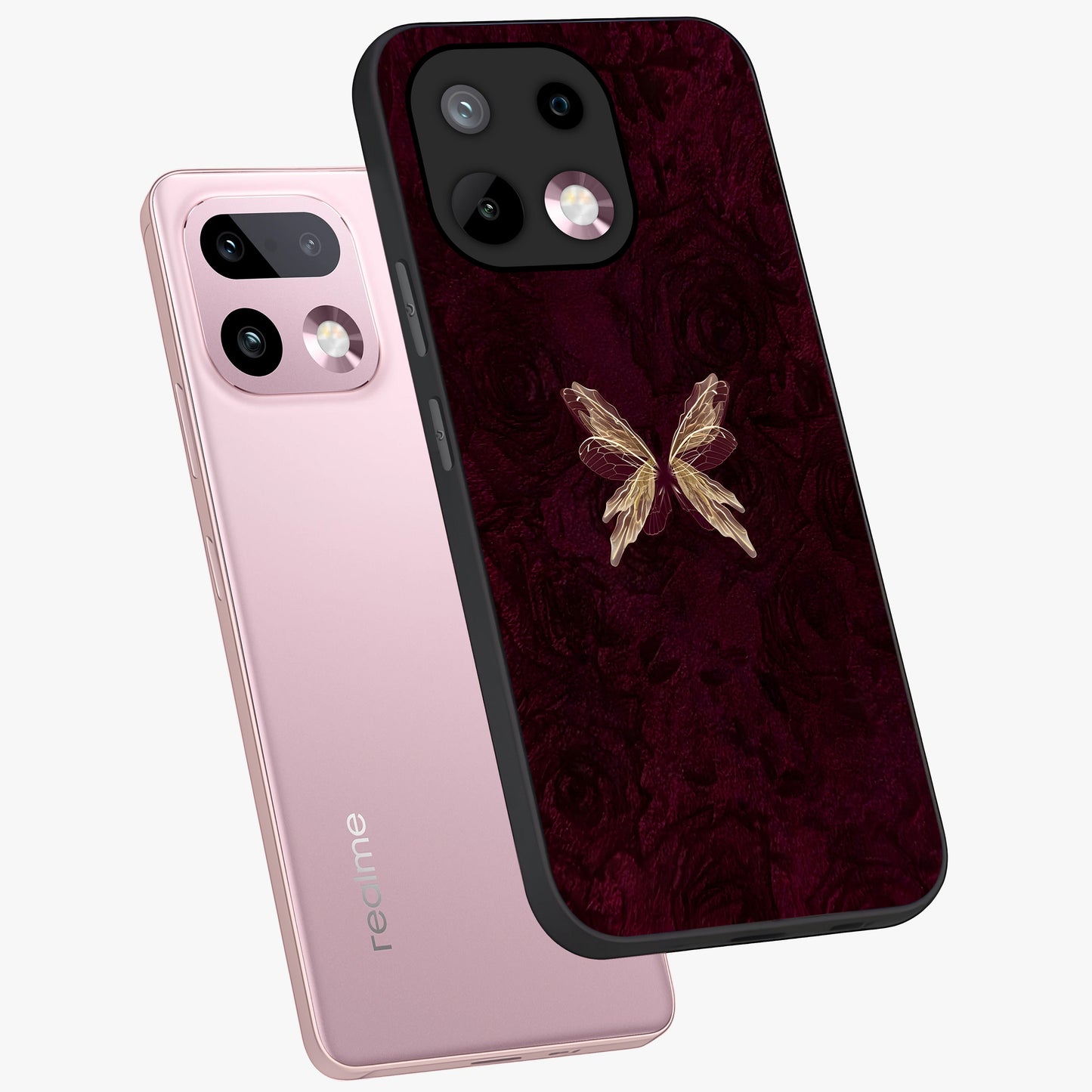 Crimson Fade Butterfly Glass Case displayed in angled mockup highlighting elegant butterfly design with crimson gradient aesthetic.