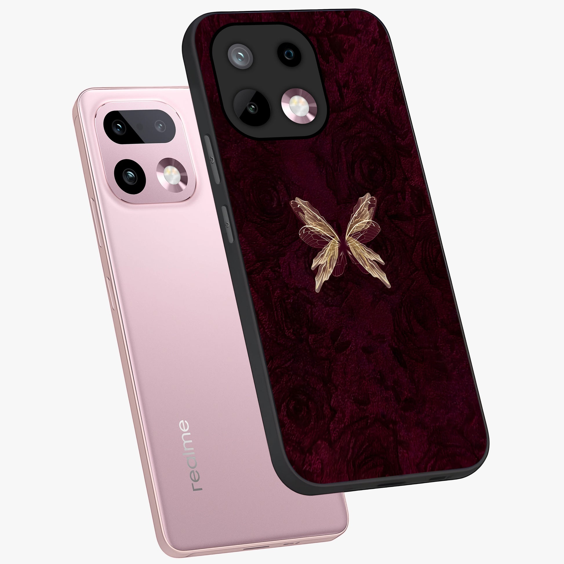 Crimson Fade Butterfly Glass Case displayed in angled mockup highlighting elegant butterfly design with crimson gradient aesthetic.