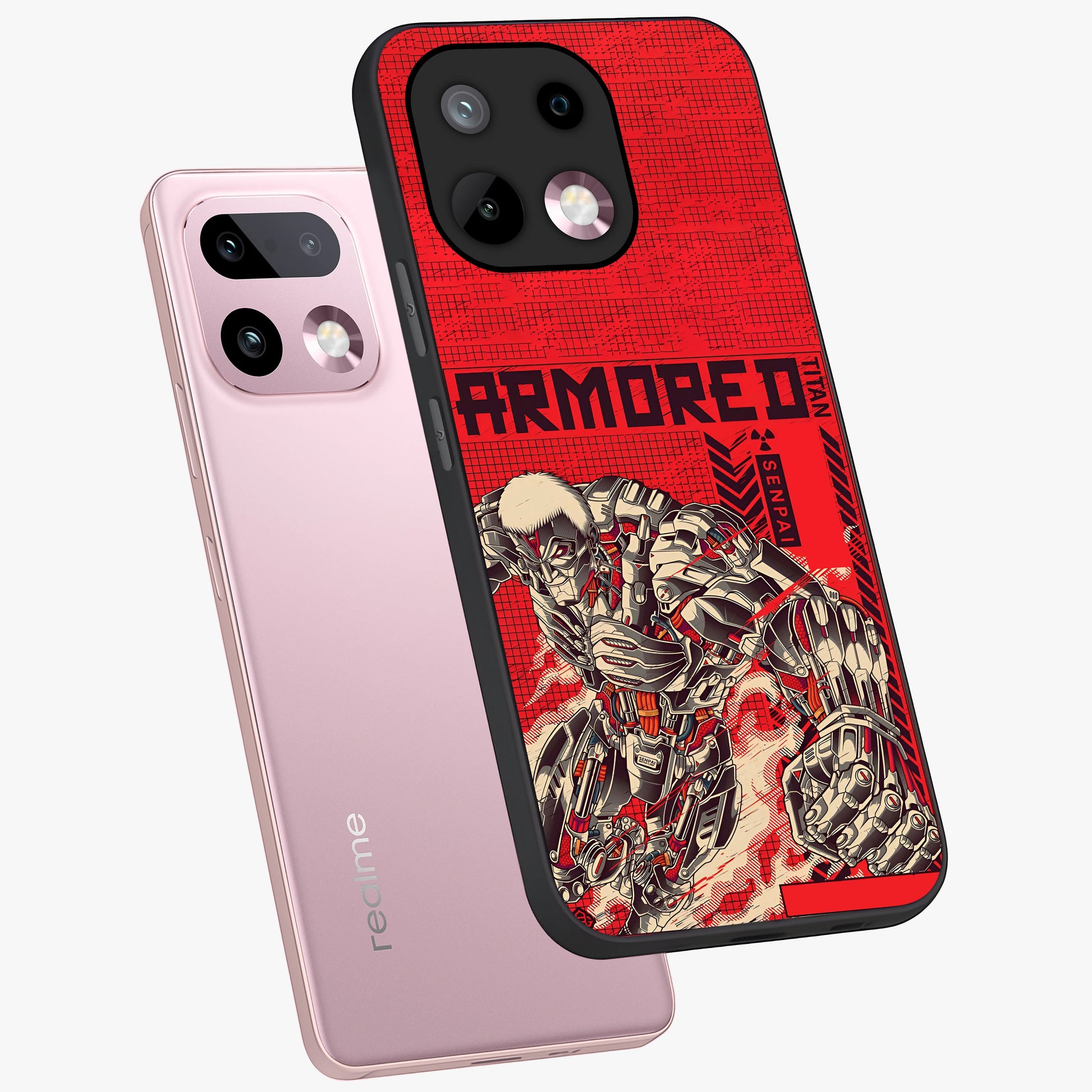 Crimson Mecha Titan Glass Case displayed in angled mockup highlighting futuristic mech illustration with bold crimson aesthetic.