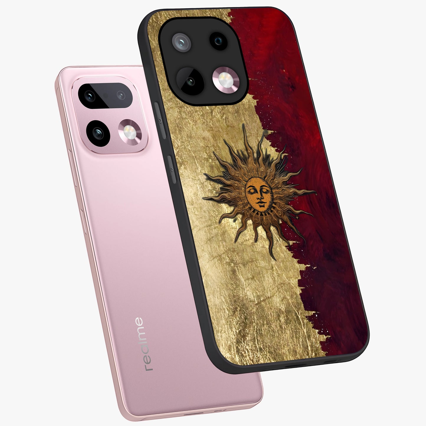 Crimson Sun Majesty Glass Case displayed in angled mockup highlighting majestic crimson sun design with bold aesthetic style.