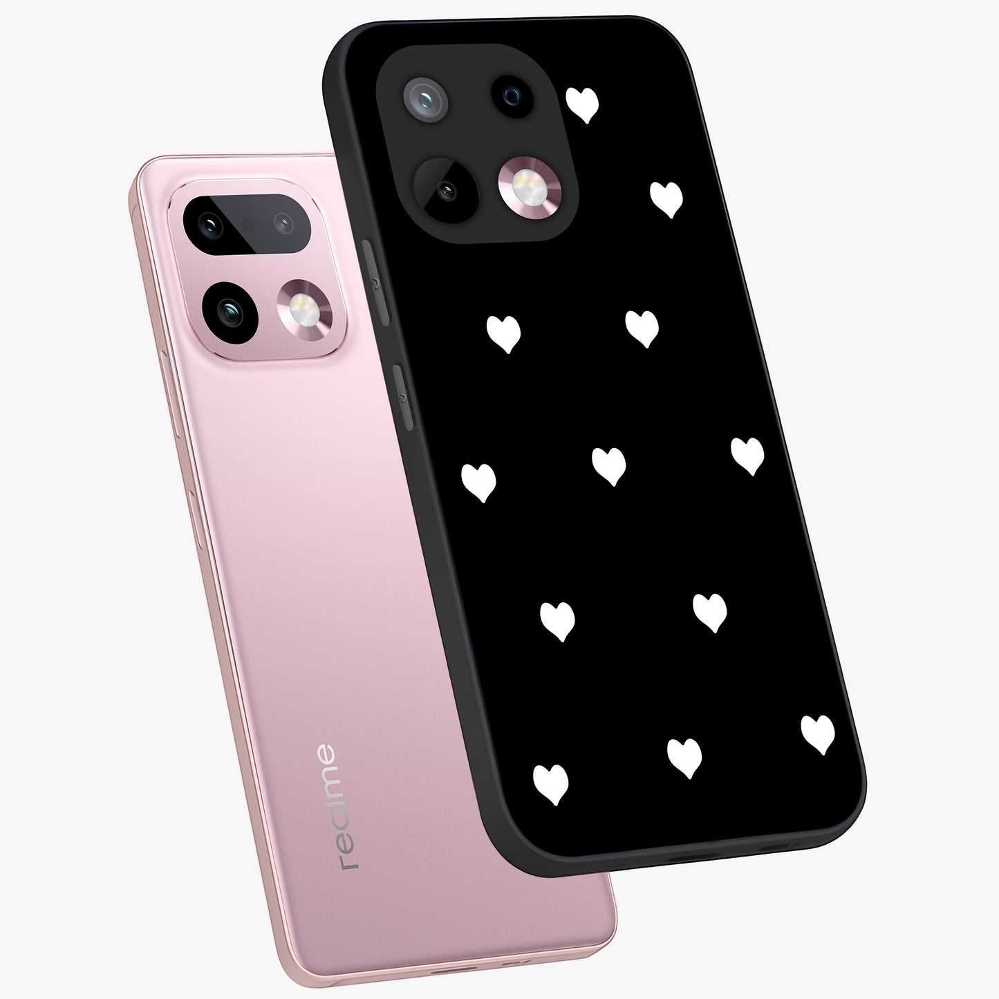 Cute And Simple White Hearts Glass Case displayed in angled mockup highlighting cute heart design with clean aesthetic style.