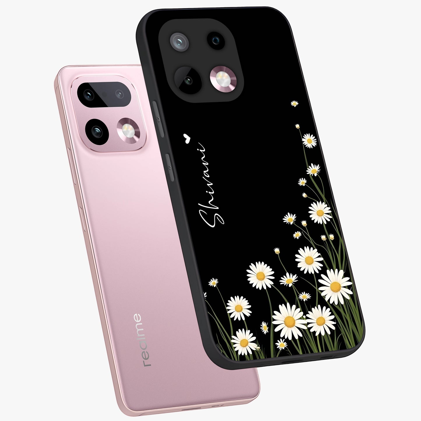 Daisy Cascade Custom Name Glass Case displayed in angled mockup highlighting delicate daisy artwork with custom name feature.