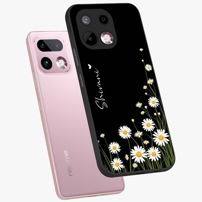 Daisy Cascade Custom Name Glass Case displayed in angled mockup highlighting delicate daisy artwork with custom name feature.