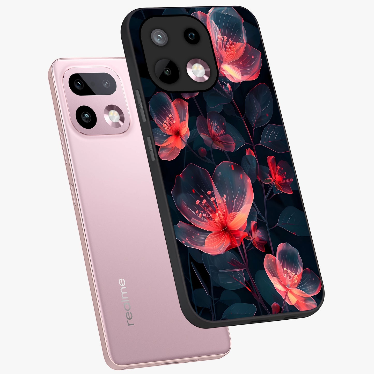 Dark Shade of Flower Glass Case displayed in angled mockup highlighting moody floral illustration with aesthetic dark tones.