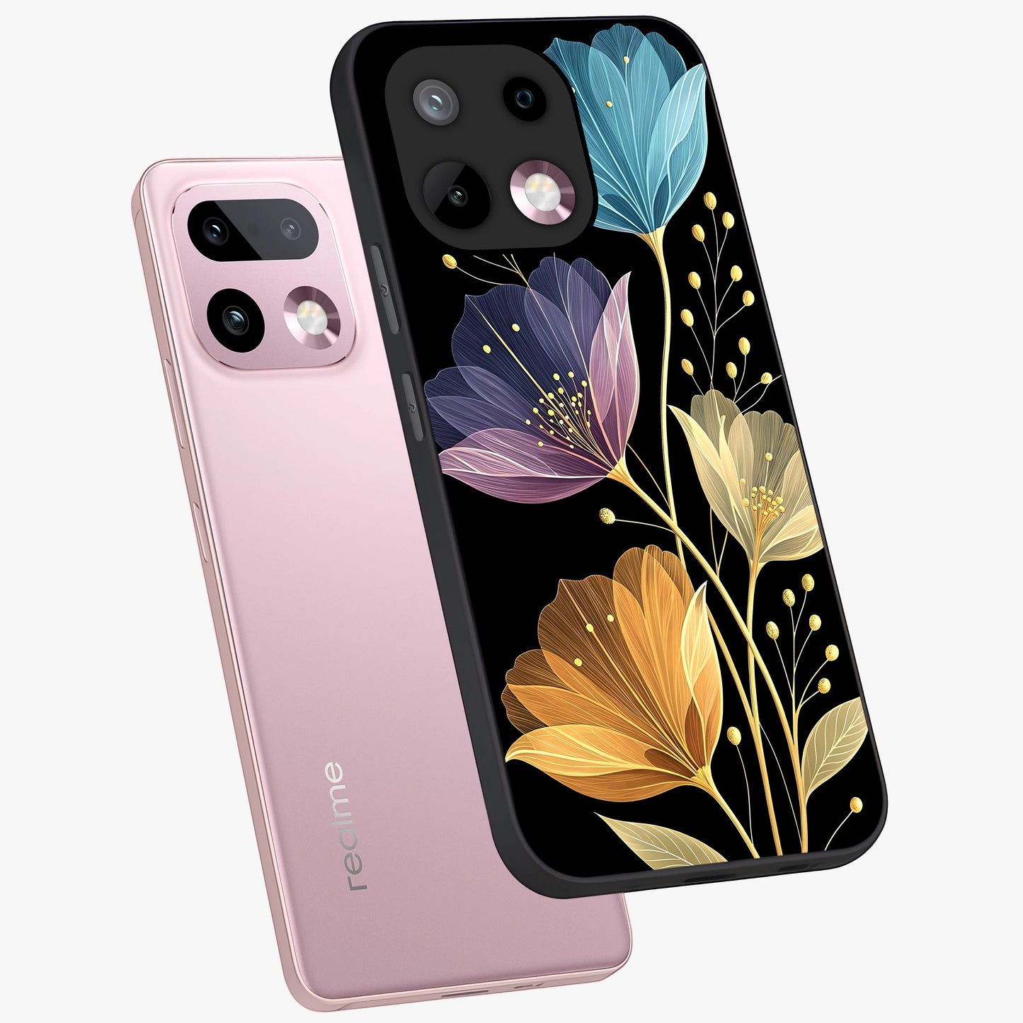 Delicate Multicolor Flowers Glass Case displayed in angled mockup highlighting colorful flower pattern with soft aesthetic style.