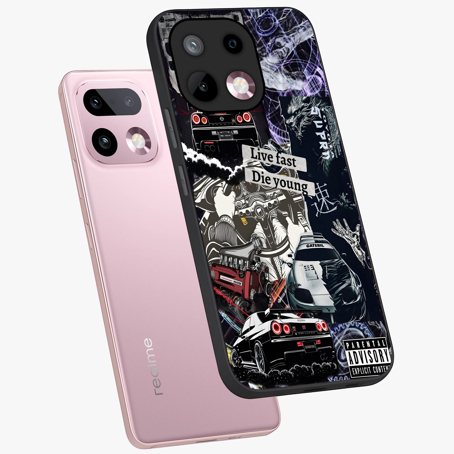 Die Young Glass Case displayed in angled mockup highlighting expressive graphic artwork with edgy aesthetic style.