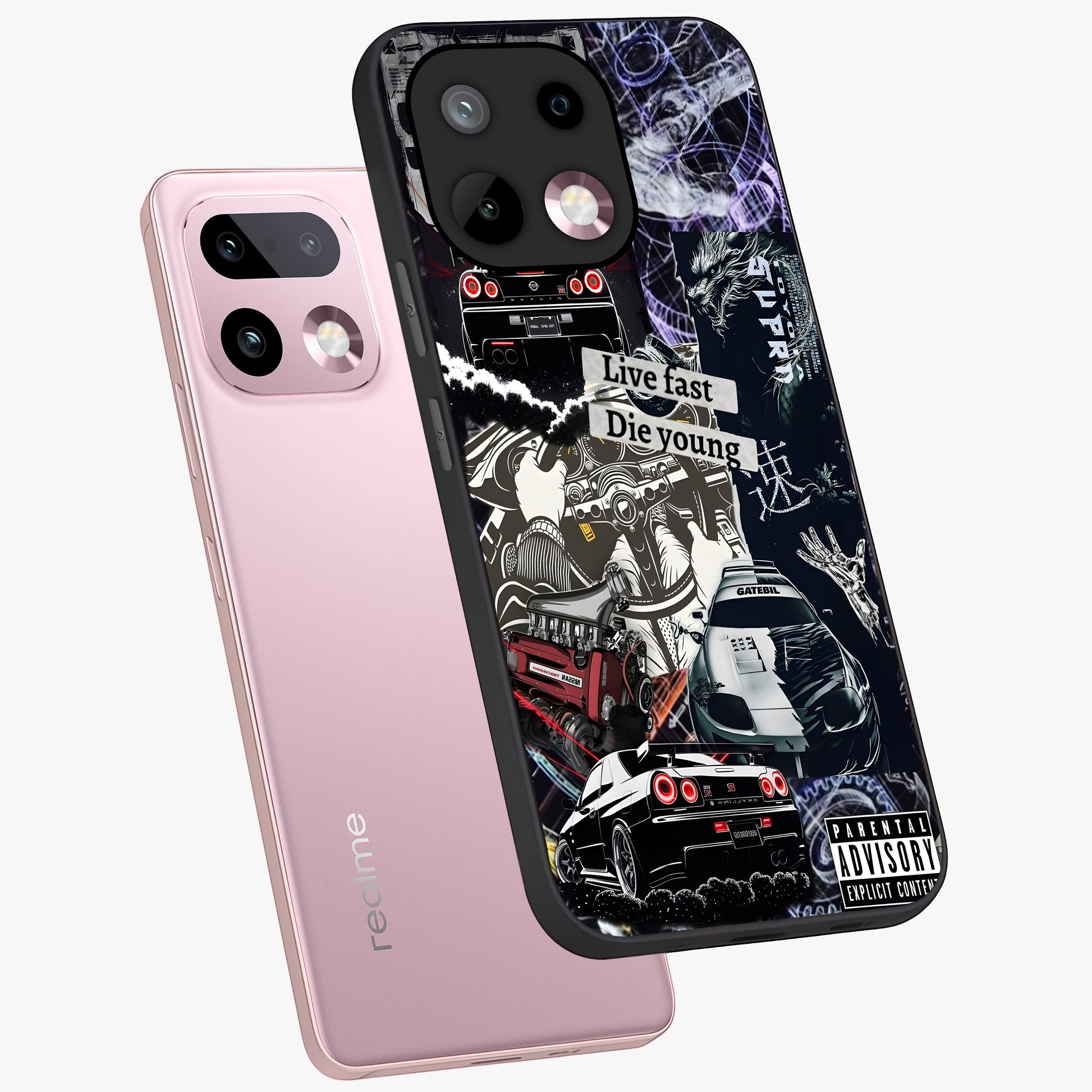 Die Young Glass Case displayed in angled mockup highlighting expressive graphic artwork with edgy aesthetic style.