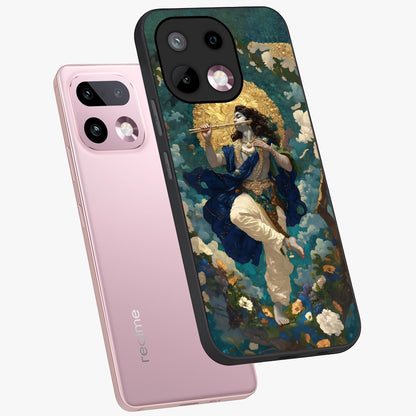 Divine Krishna Art Glass Case displayed in angled mockup highlighting spiritual Krishna illustration with devotional aesthetic.