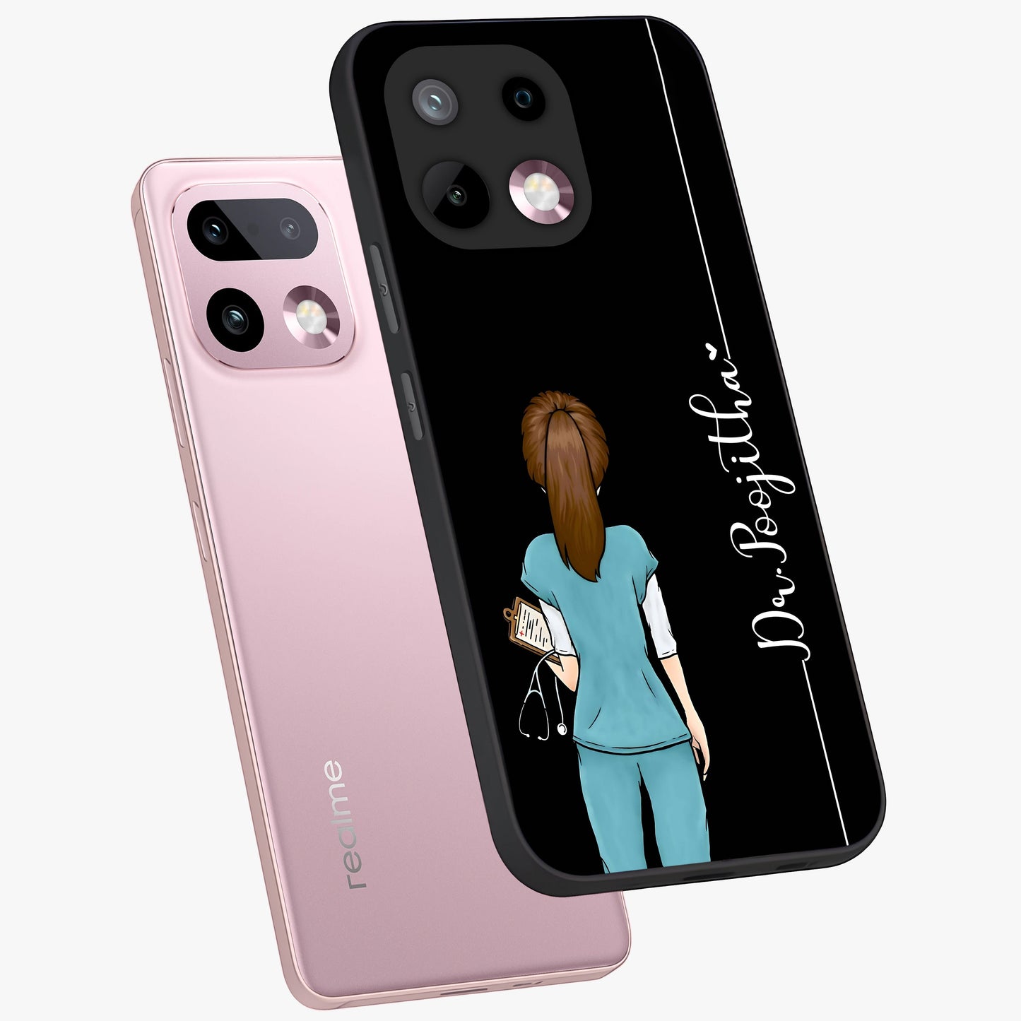 Doctor Pattern Custom Name Glass Case displayed in angled mockup highlighting doctor inspired artwork with custom name feature.