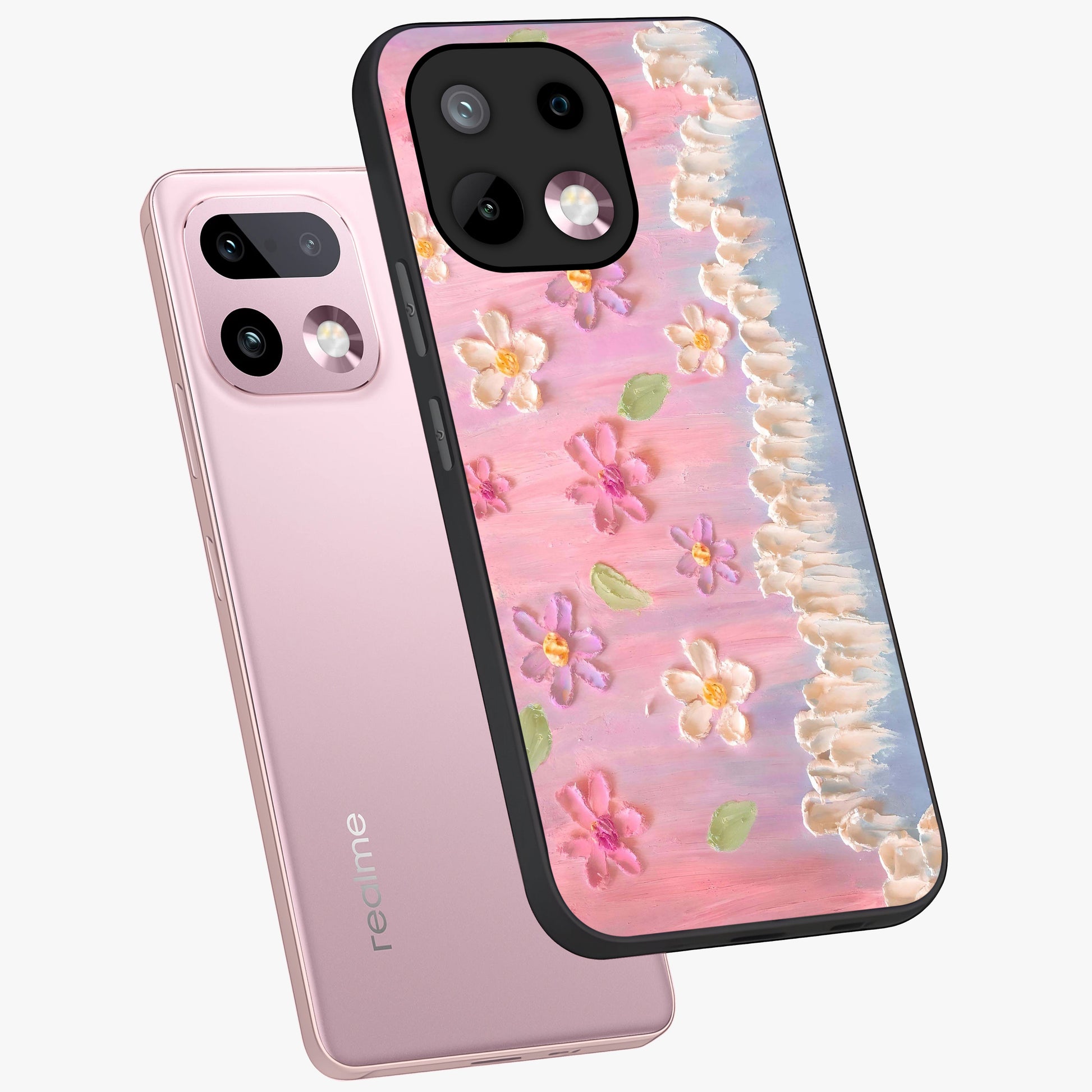 Dreamy Painted Garden Glass Case displayed in angled mockup highlighting colorful garden illustration with dreamy aesthetic style.