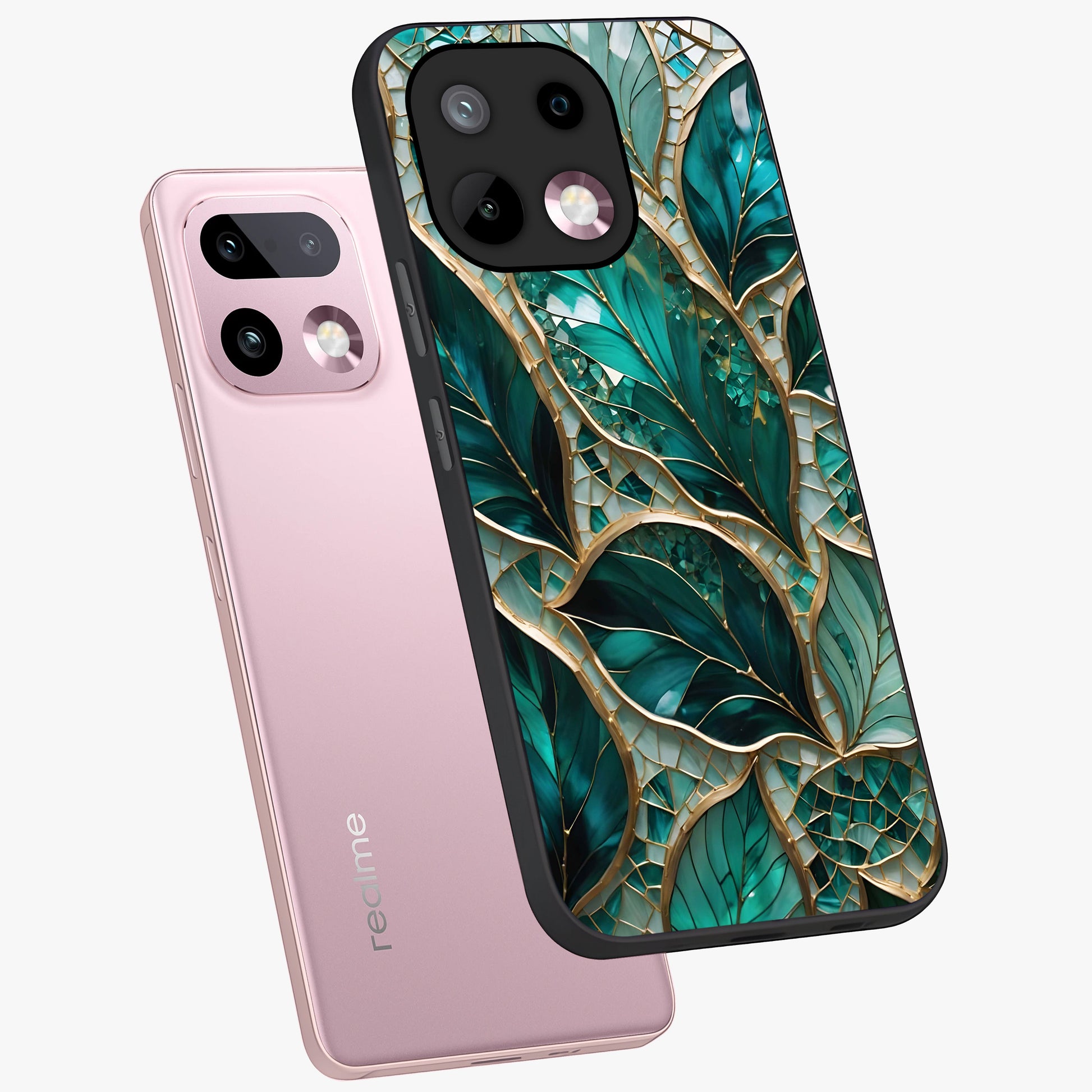 Emerald Leaf Glass Glass Case displayed in angled mockup highlighting botanical leaf illustration with elegant natural aesthetic.