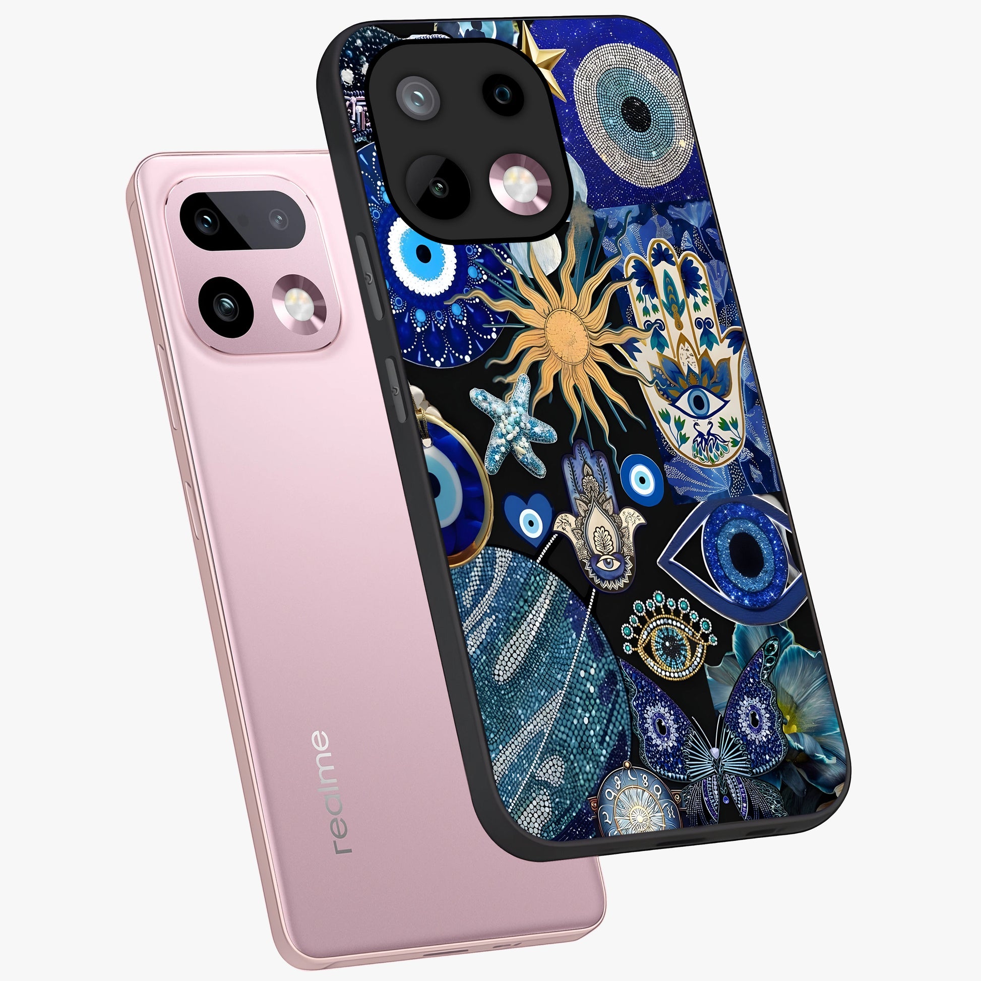 Evil Eye Charm Mix Glass Case displayed in angled mockup highlighting protective evil eye symbols with spiritual aesthetic design.