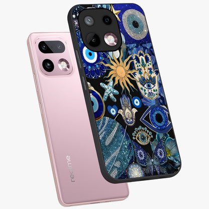 Evil Eye Charm Mix Glass Case displayed in angled mockup highlighting protective evil eye symbols with spiritual aesthetic design.