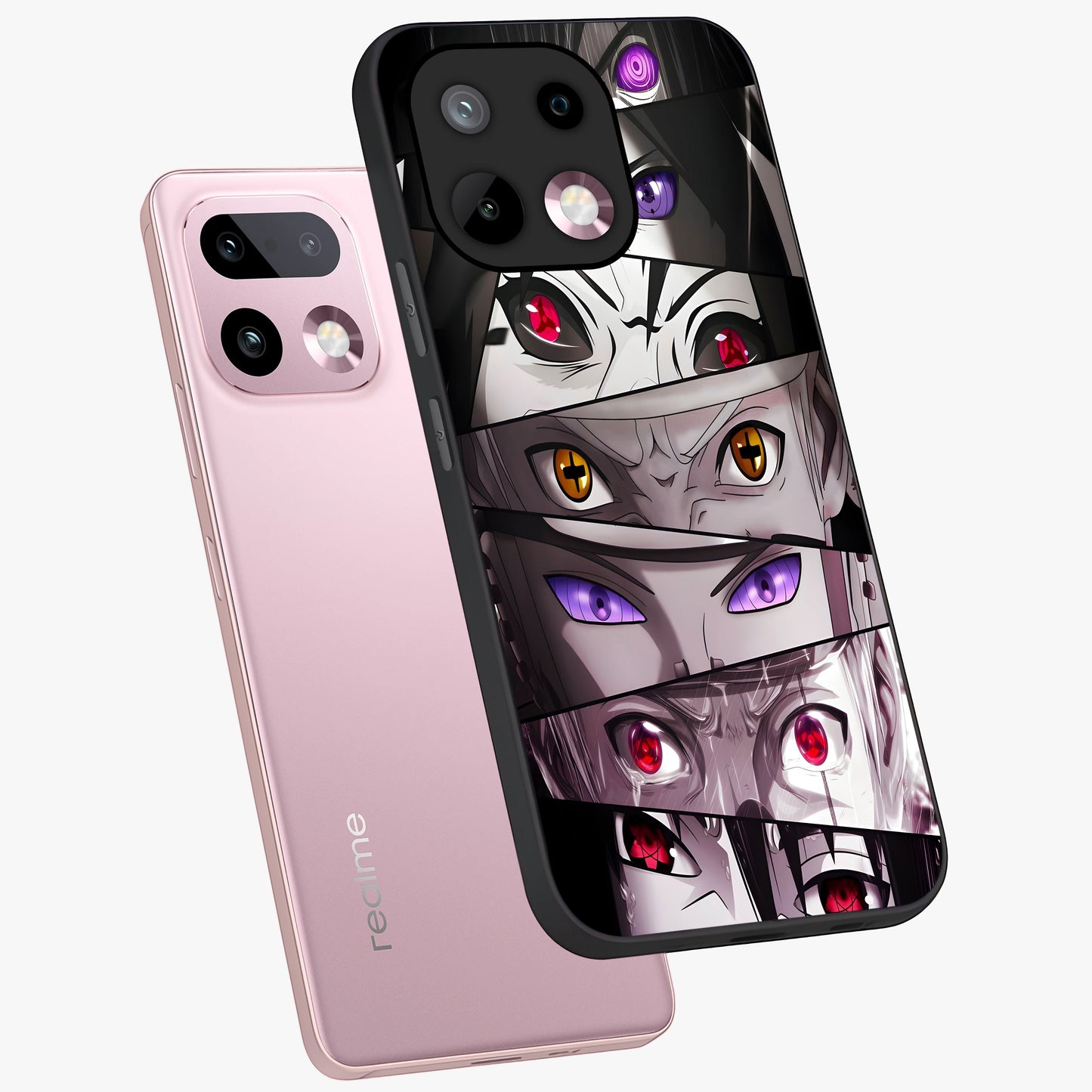 Eyes of Destiny Glass Case displayed in angled mockup highlighting bold eye illustration with mystical aesthetic style.