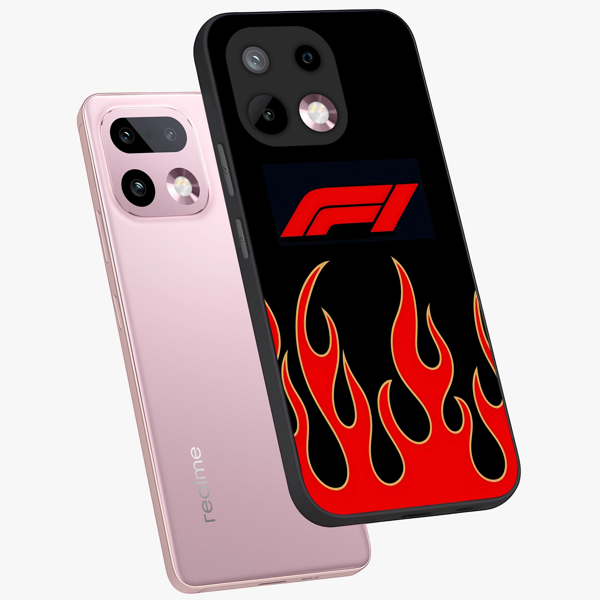 Fire F11 Glass Case displayed in angled mockup highlighting bold fire inspired graphic with energetic aesthetic style.