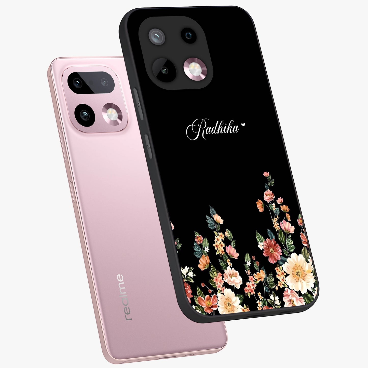 Floral Design With a Custom Personalized Name Glass Case displayed in angled mockup highlighting elegant floral pattern with custom name feature.