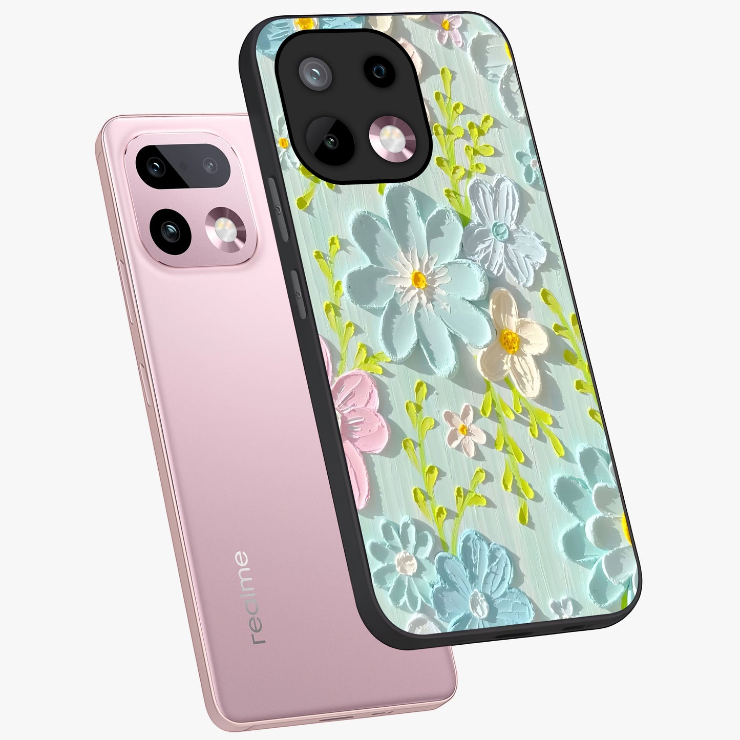 Frosted Petal Garden Glass Case displayed in angled mockup highlighting delicate flower petal design with calm garden aesthetic.