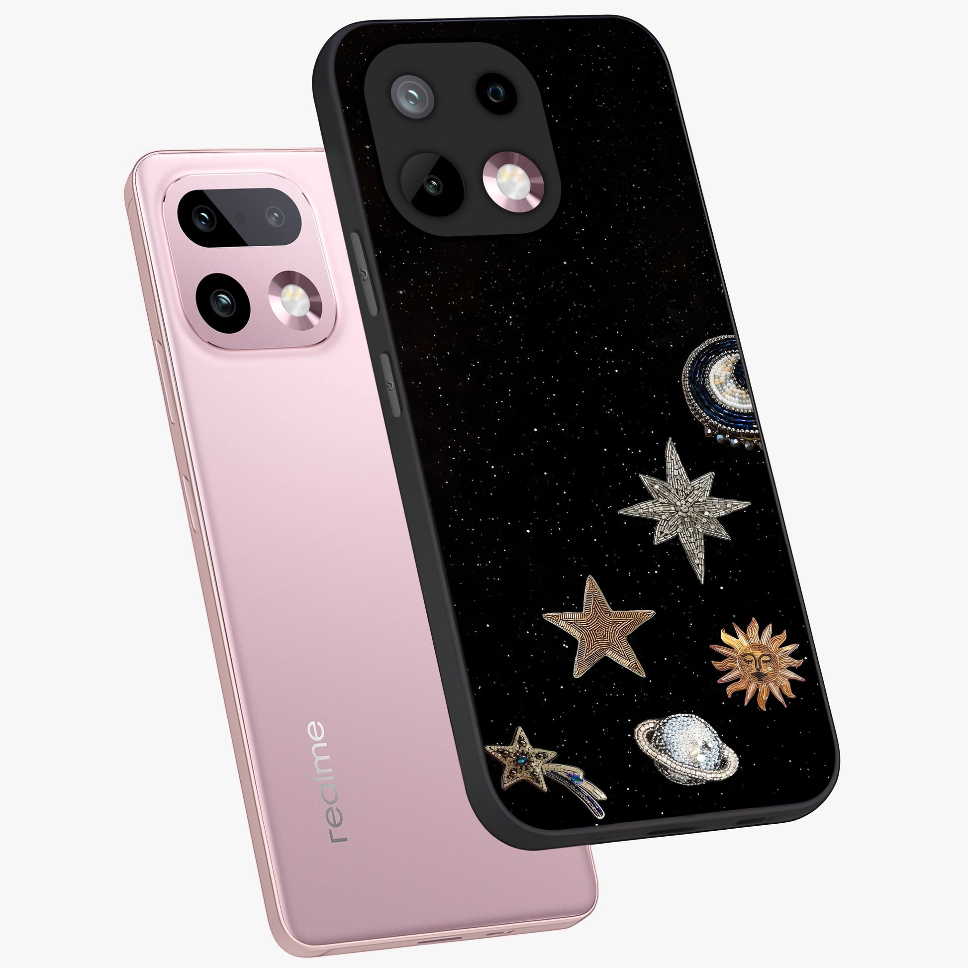 Galactic Charm Glow Glass Case displayed in angled mockup highlighting luminous galaxy inspired design with dreamy aesthetic.