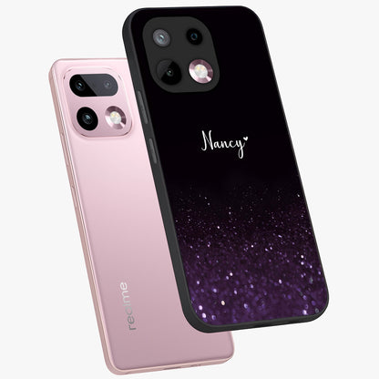 Glittery Purple Bokeh Custom Name Glass Case displayed in angled mockup highlighting glitter bokeh pattern with custom name feature.
