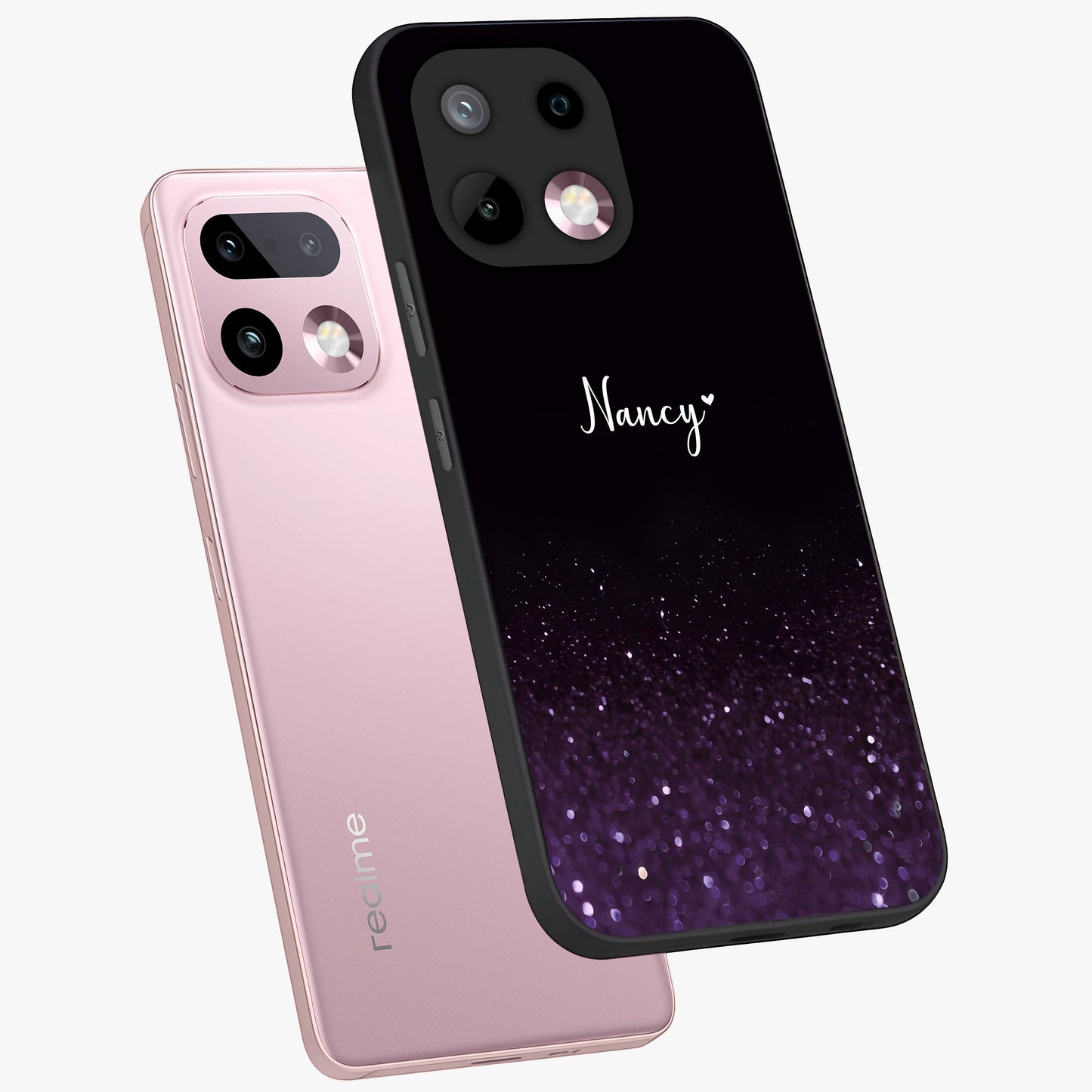 Glittery Purple Bokeh Custom Name Glass Case displayed in angled mockup highlighting glitter bokeh pattern with custom name feature.
