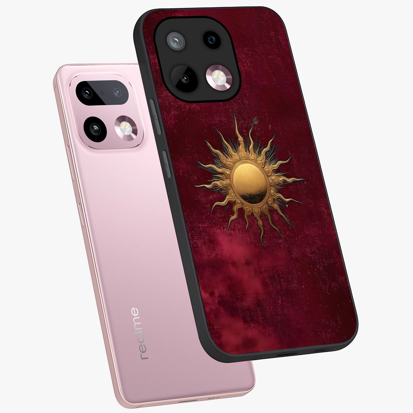 Golden Sun Minimalism Glass Case displayed in angled mockup highlighting clean sun symbol design with modern minimal aesthetic.