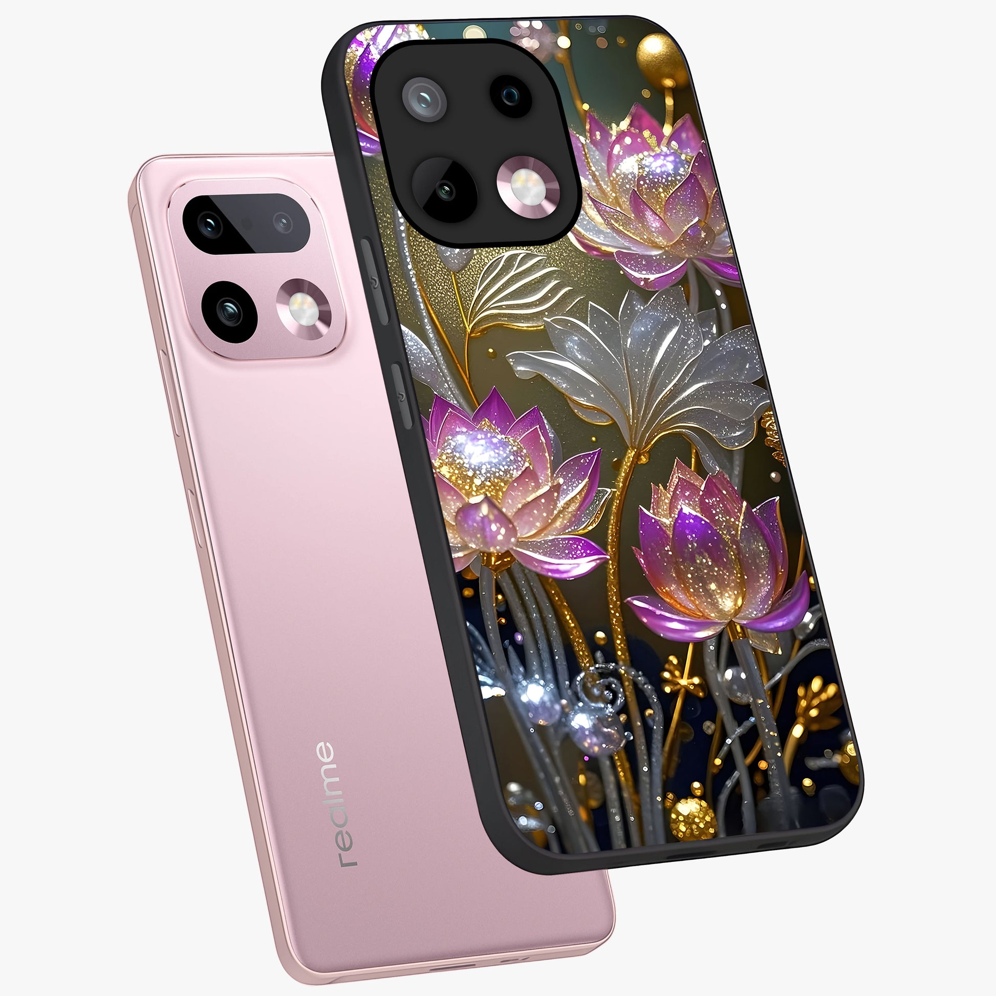 Golden Floral Majesty Glass Case displayed in angled mockup highlighting elegant flower design with royal golden aesthetic.