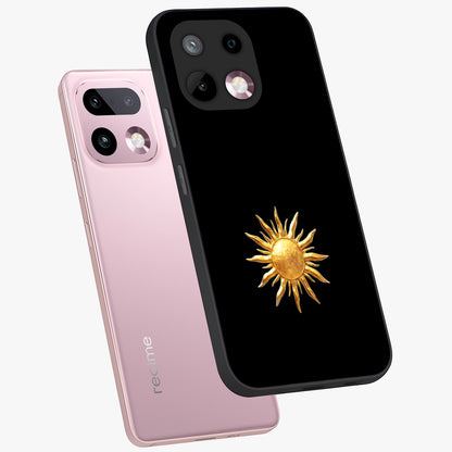 Golden Sun Minimalism Glass Case displayed in angled mockup highlighting eerie shadow illustration with gothic aesthetic.