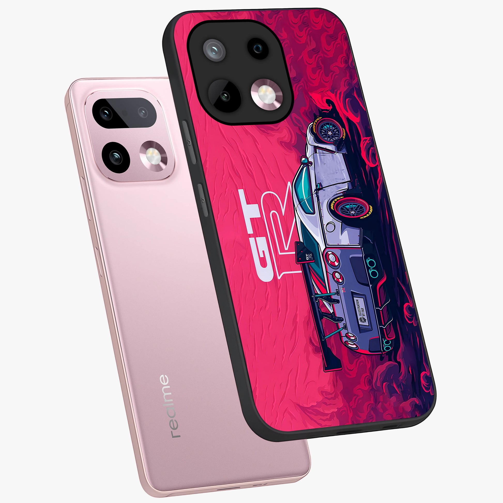 GT-R Car Pattern Glass Case displayed in angled mockup highlighting racing car graphic design with bold automotive aesthetic.