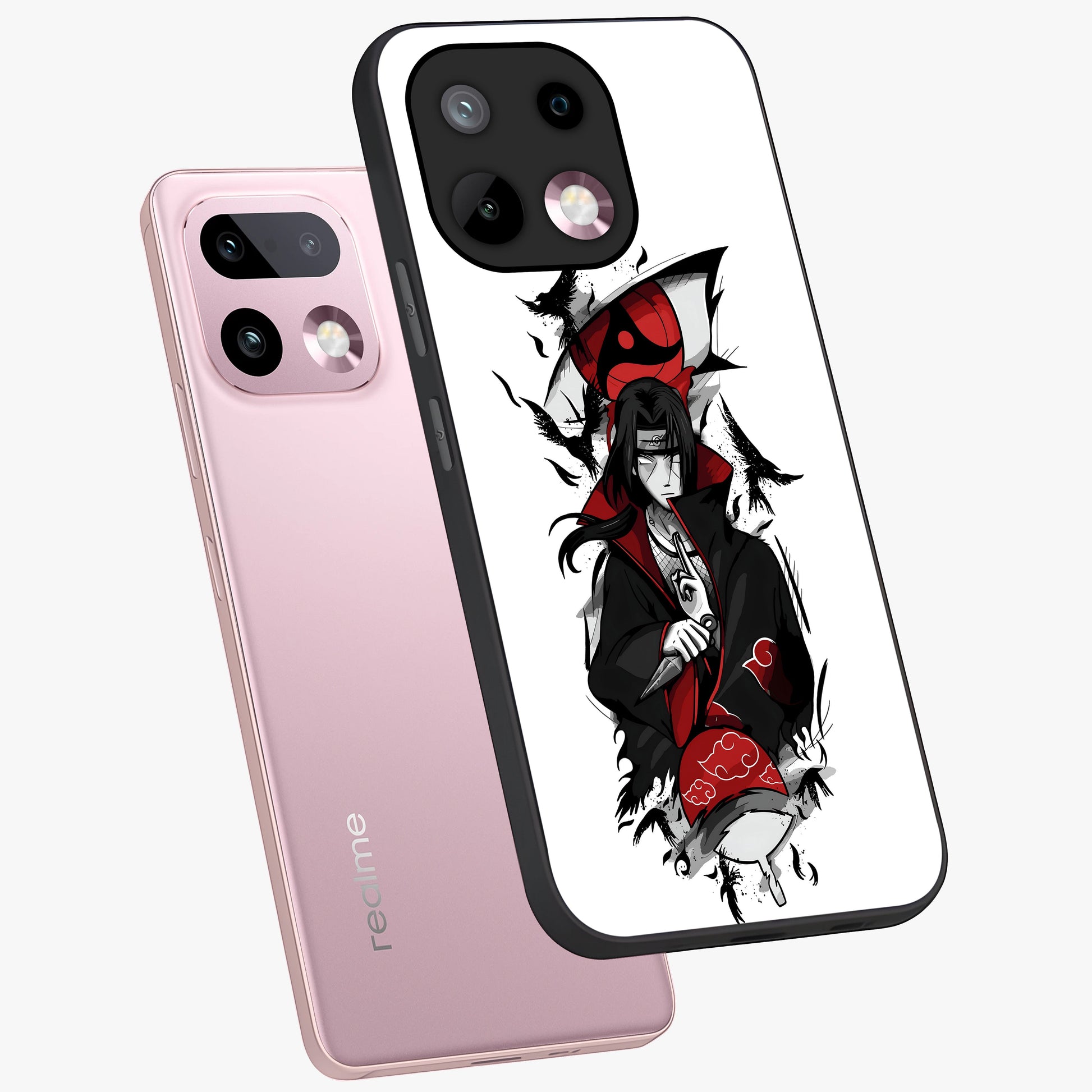 Itachi Limited Edition Naruto Anime Glass Case displayed in angled mockup highlighting dramatic anime illustration with bold action aesthetic.