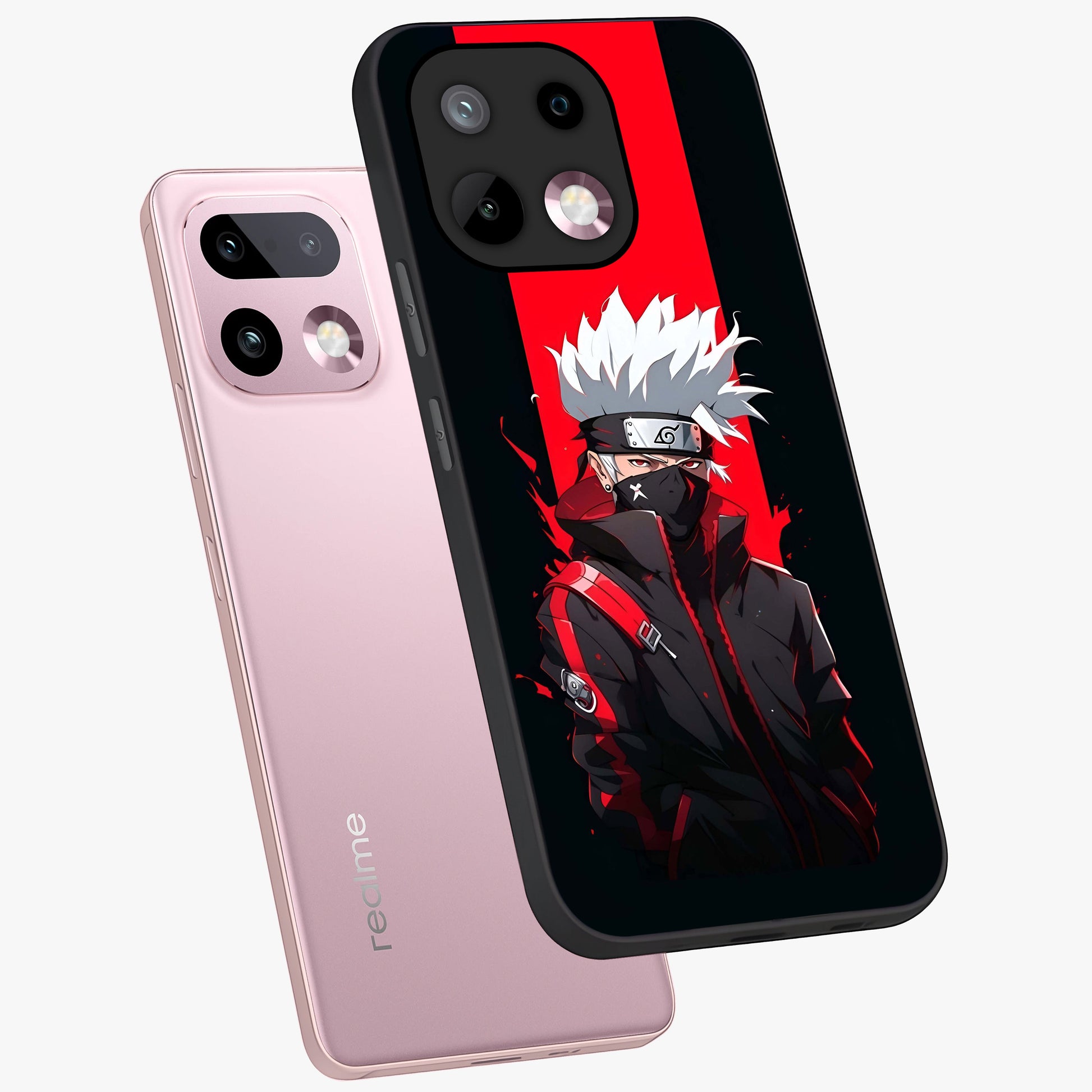 Kakashi Scarlet Shadow Glass Case displayed in angled mockup highlighting dramatic ninja illustration with scarlet themed aesthetic.