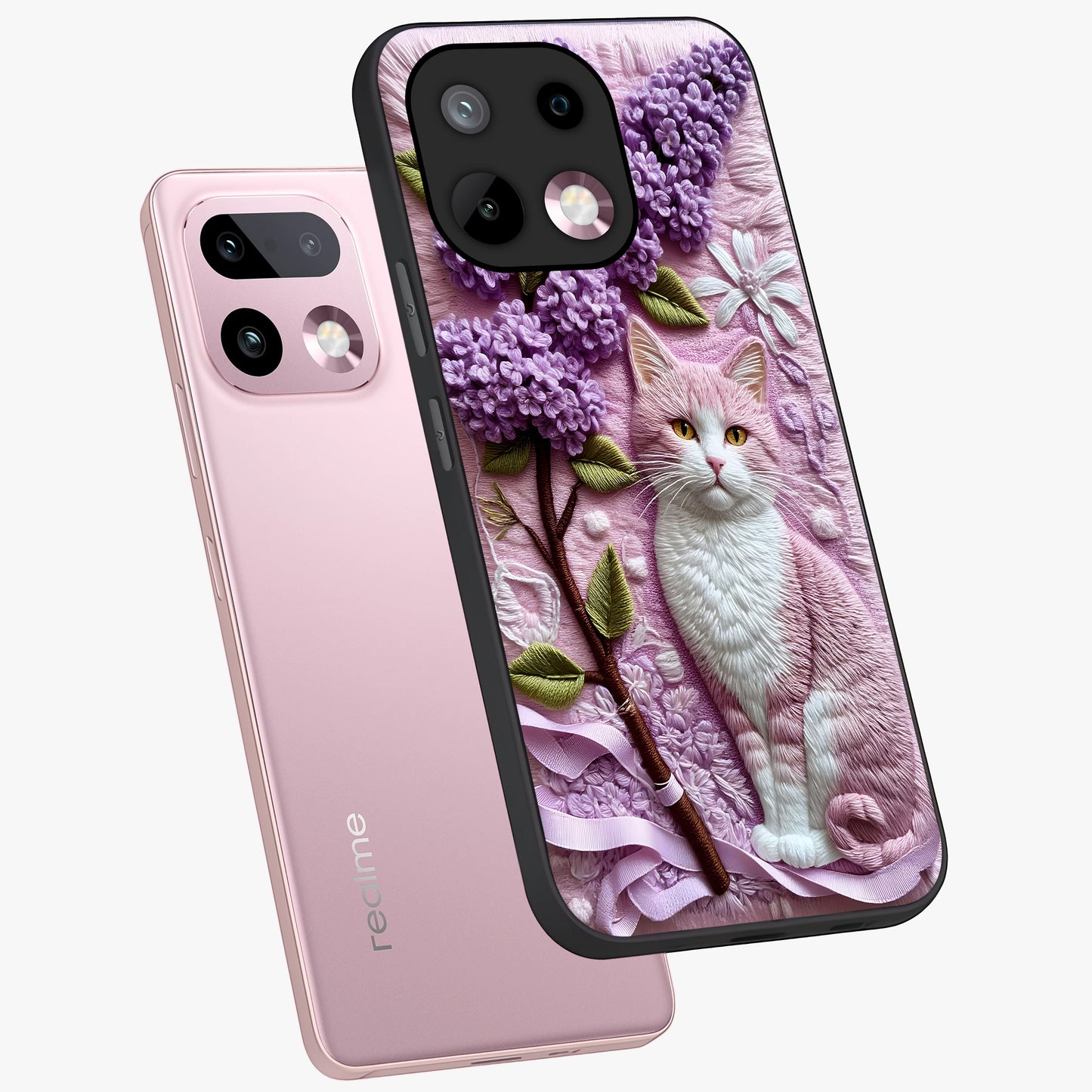 Lavender Cat Whimsy Glass Case displayed in angled mockup highlighting playful feline illustration with pastel lavender aesthetic.