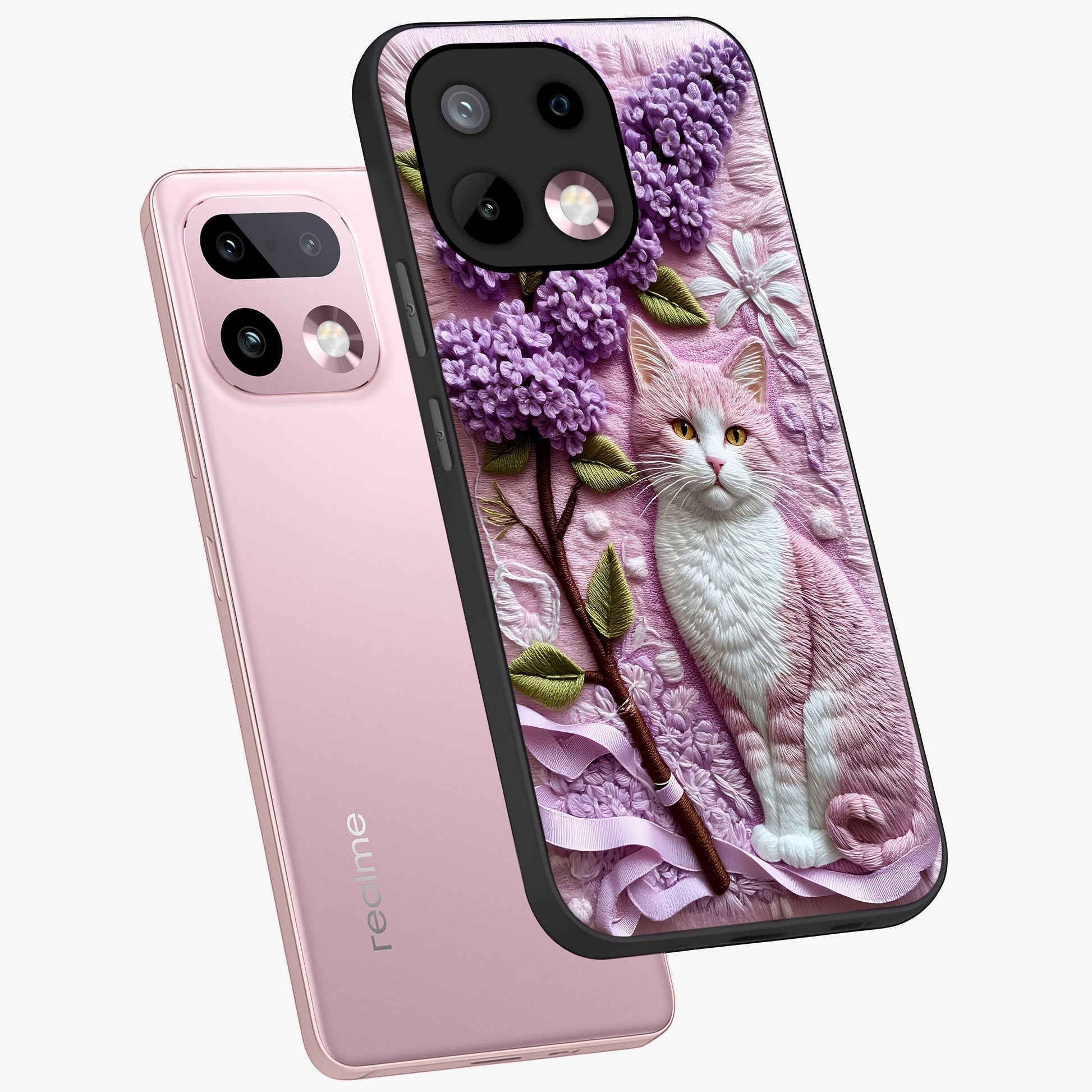 Lavender Cat Whimsy Glass Case displayed in angled mockup highlighting playful feline illustration with pastel lavender aesthetic.