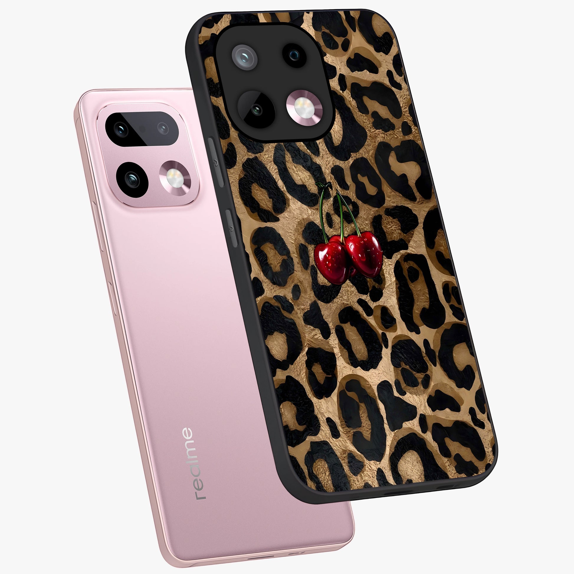 Leopard Wild Cherry Glass Case displayed in angled mockup highlighting bold animal print design with playful cherry aesthetic.