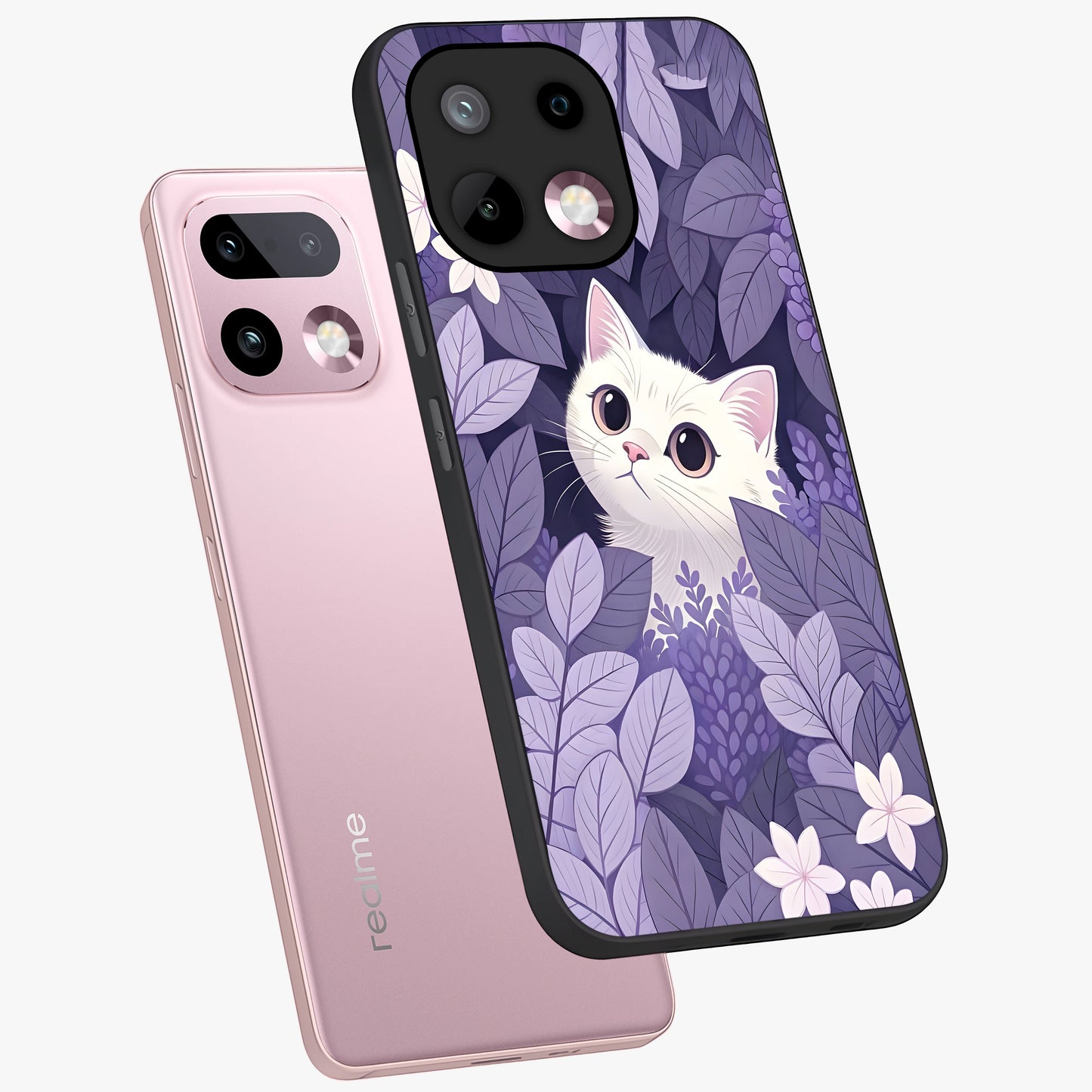 Lilac Hide Peek Cat Glass Case displayed in angled mockup highlighting playful feline illustration with lilac aesthetic design.