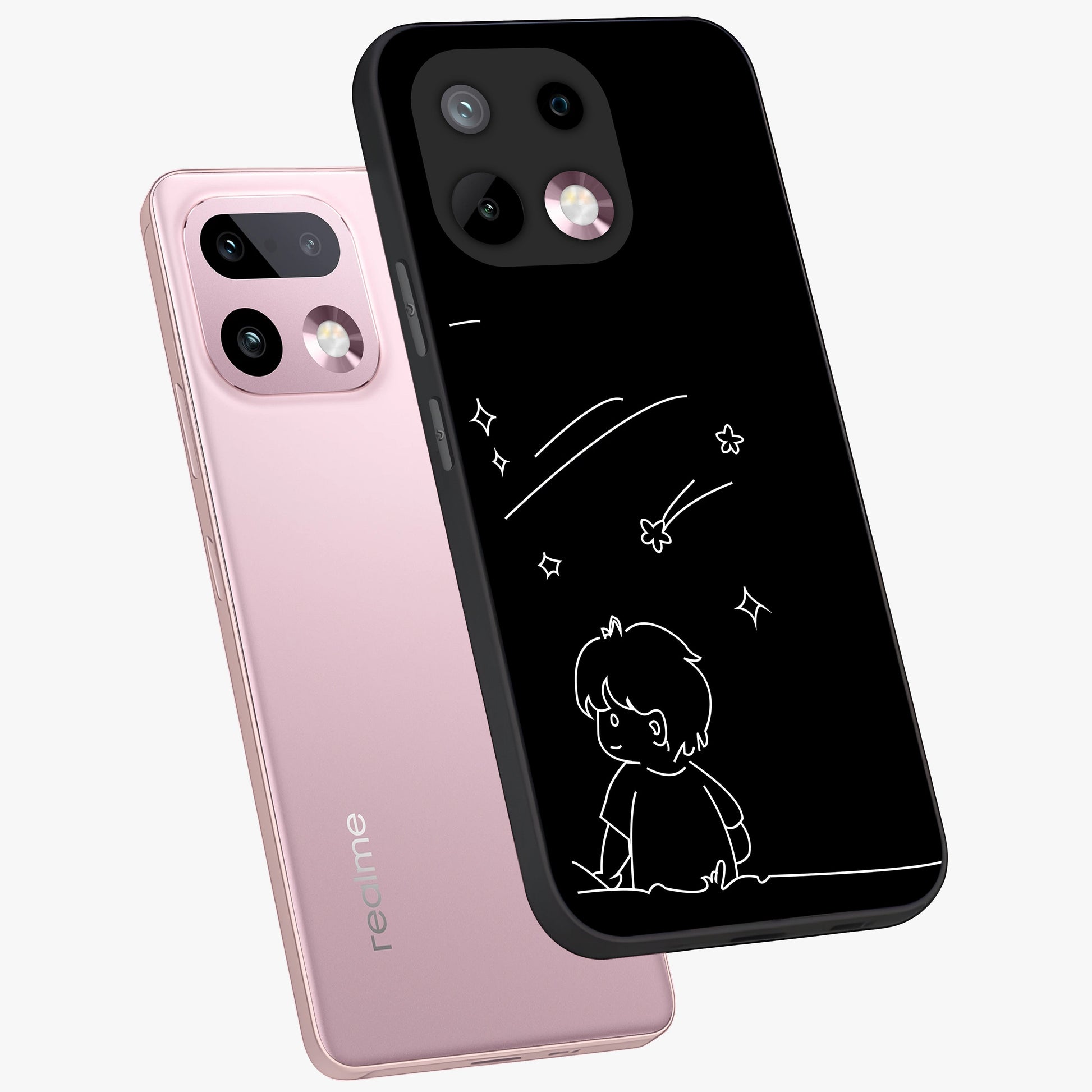 Line Art Boy With Shooting Stars Glass Case displayed in angled mockup highlighting elegant line art design with dreamy star aesthetic.