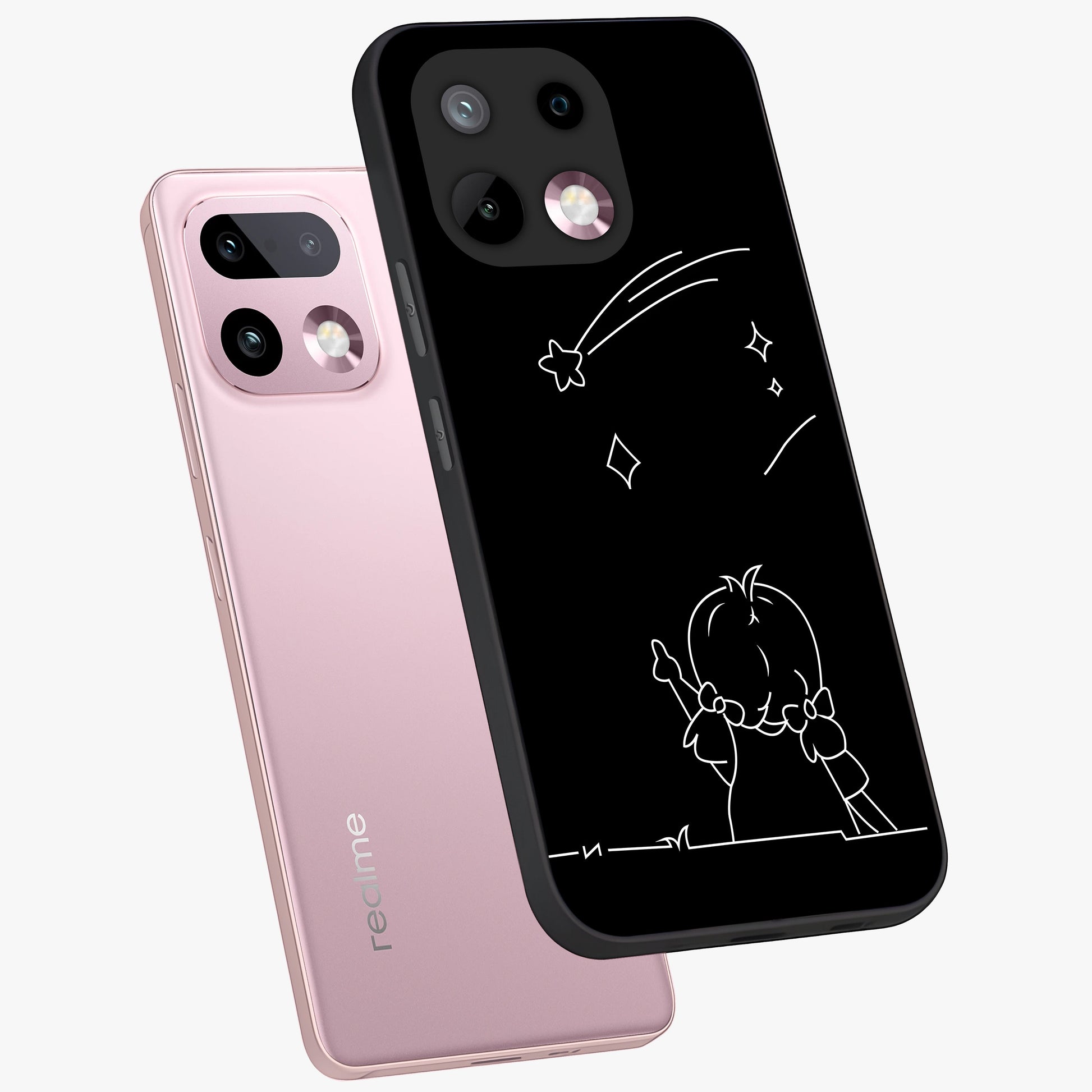 Line Art Girl With Shooting Stars Glass Case displayed in angled mockup highlighting elegant line art design with dreamy star aesthetic.