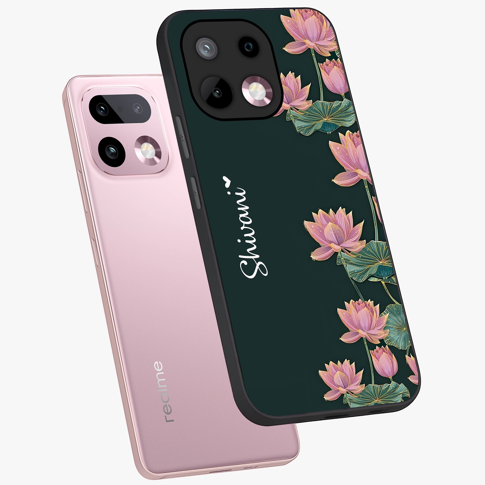 Lotus Bloom Serenity Custom Name Glass Case displayed in angled mockup highlighting graceful lotus illustration with custom name feature.