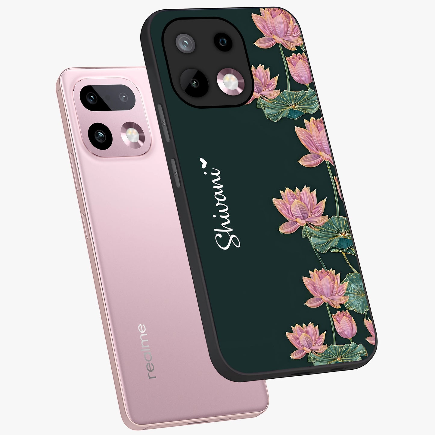 Lotus Bloom Serenity Custom Name Glass Case displayed in angled mockup highlighting graceful lotus illustration with custom name feature.