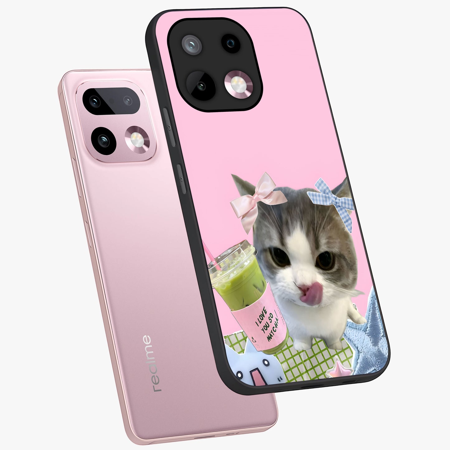 Love Matcha Cat Glass Case displayed in angled mockup highlighting playful feline illustration with cozy matcha aesthetic.