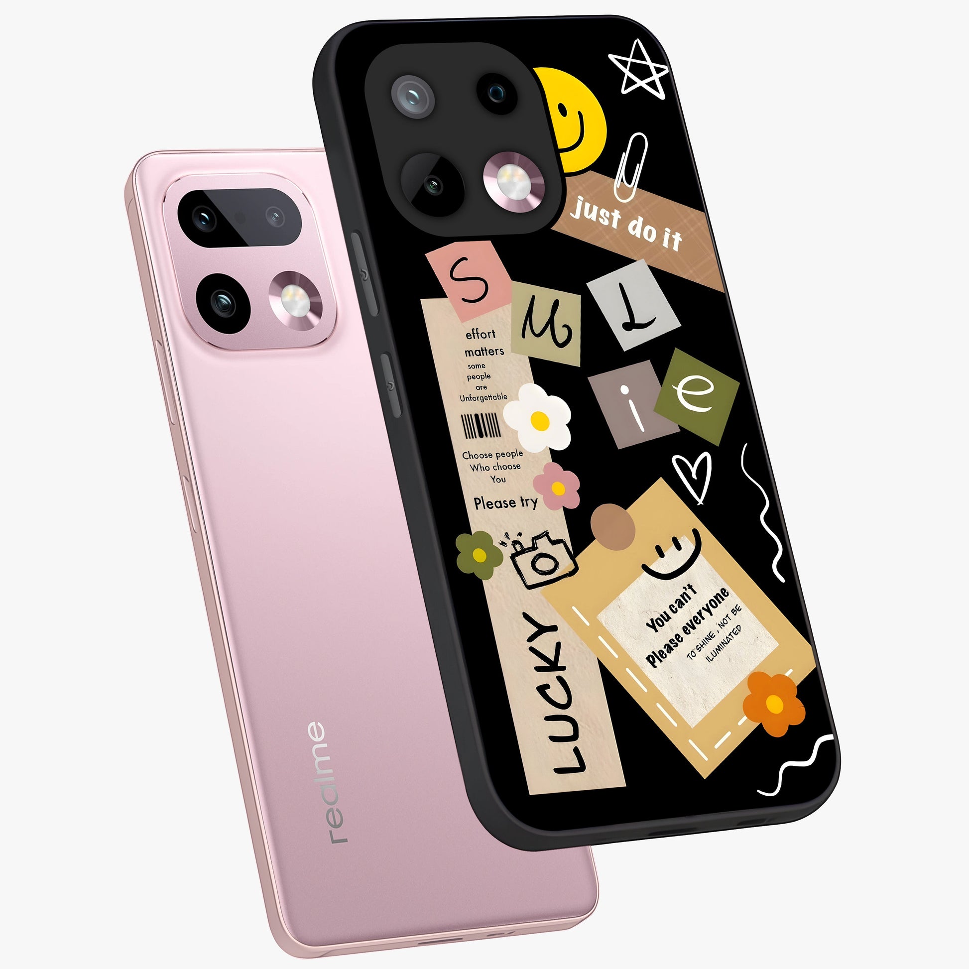 Lucky Aesthetic Collage Glass Case displayed in angled mockup highlighting stylish collage pattern with modern aesthetic vibe.