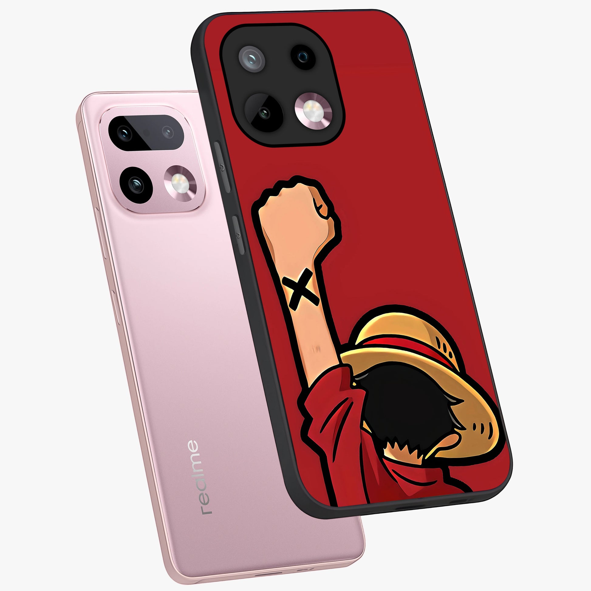 Luffy X Spirit Glass Case displayed in angled mockup highlighting powerful anime design with energetic action aesthetic.