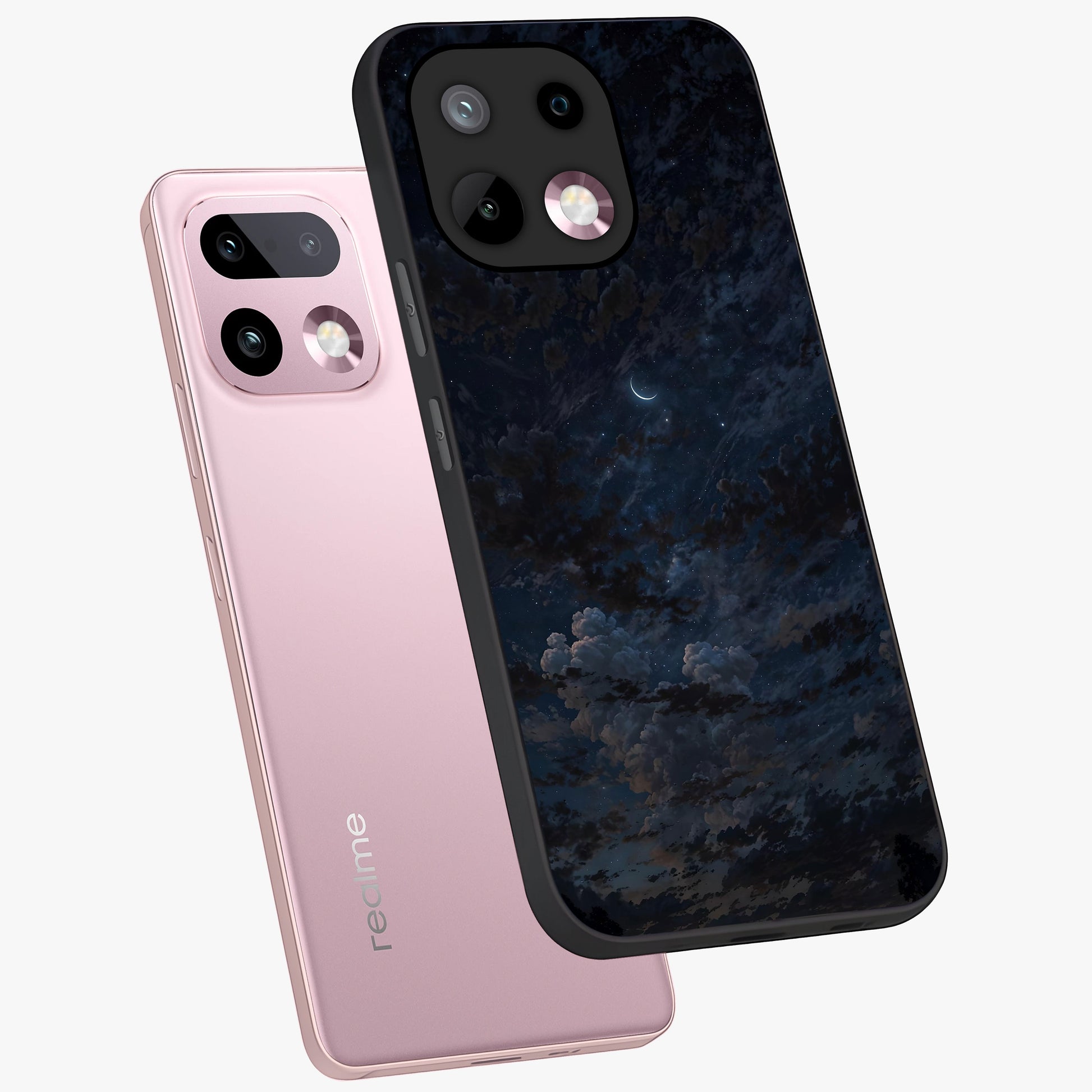Lunar Veil Silence Glass Case displayed in angled mockup highlighting soft lunar design with peaceful celestial aesthetic.