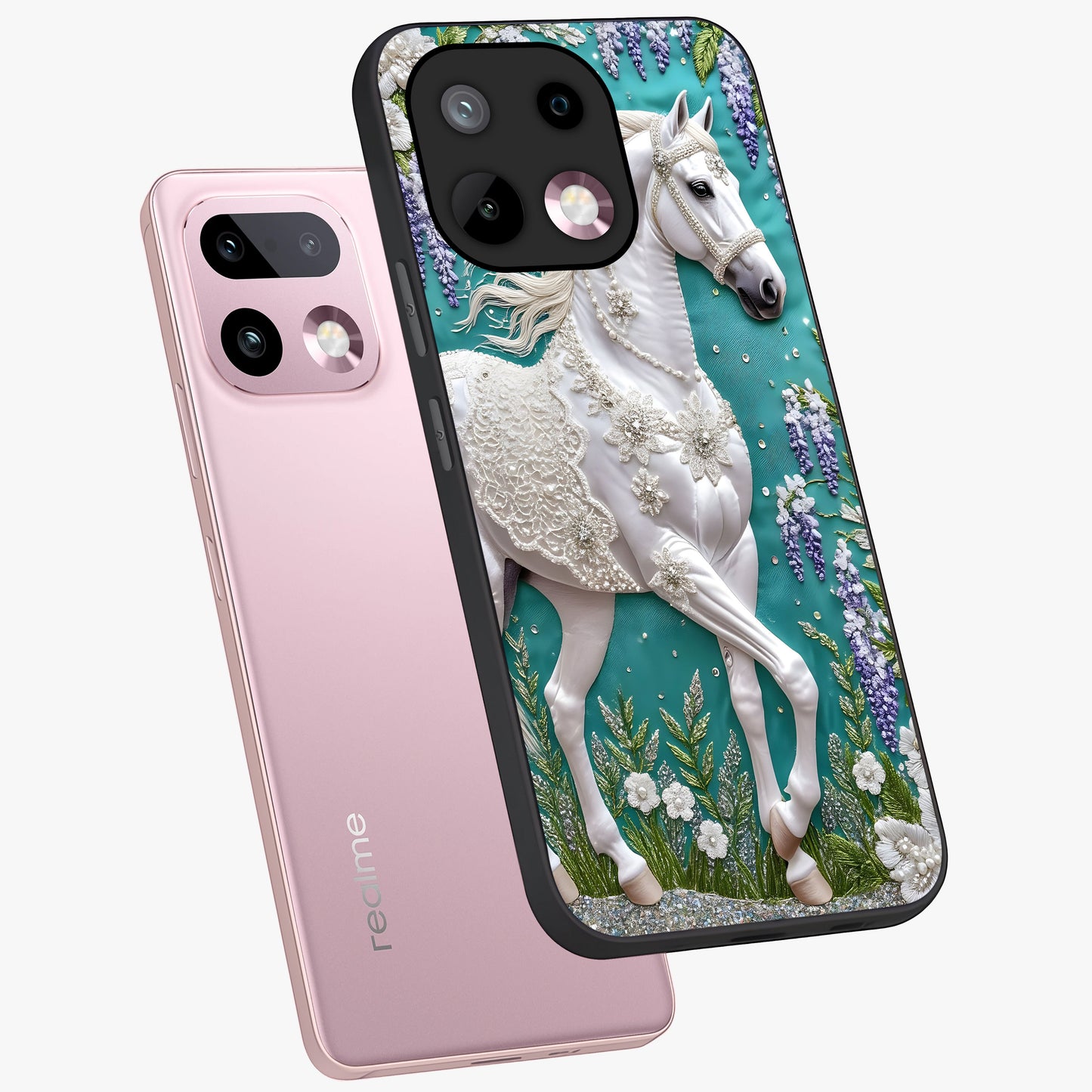 Majestic Floral Stallion Glass Case displayed in angled mockup highlighting majestic stallion illustration with elegant floral aesthetic.