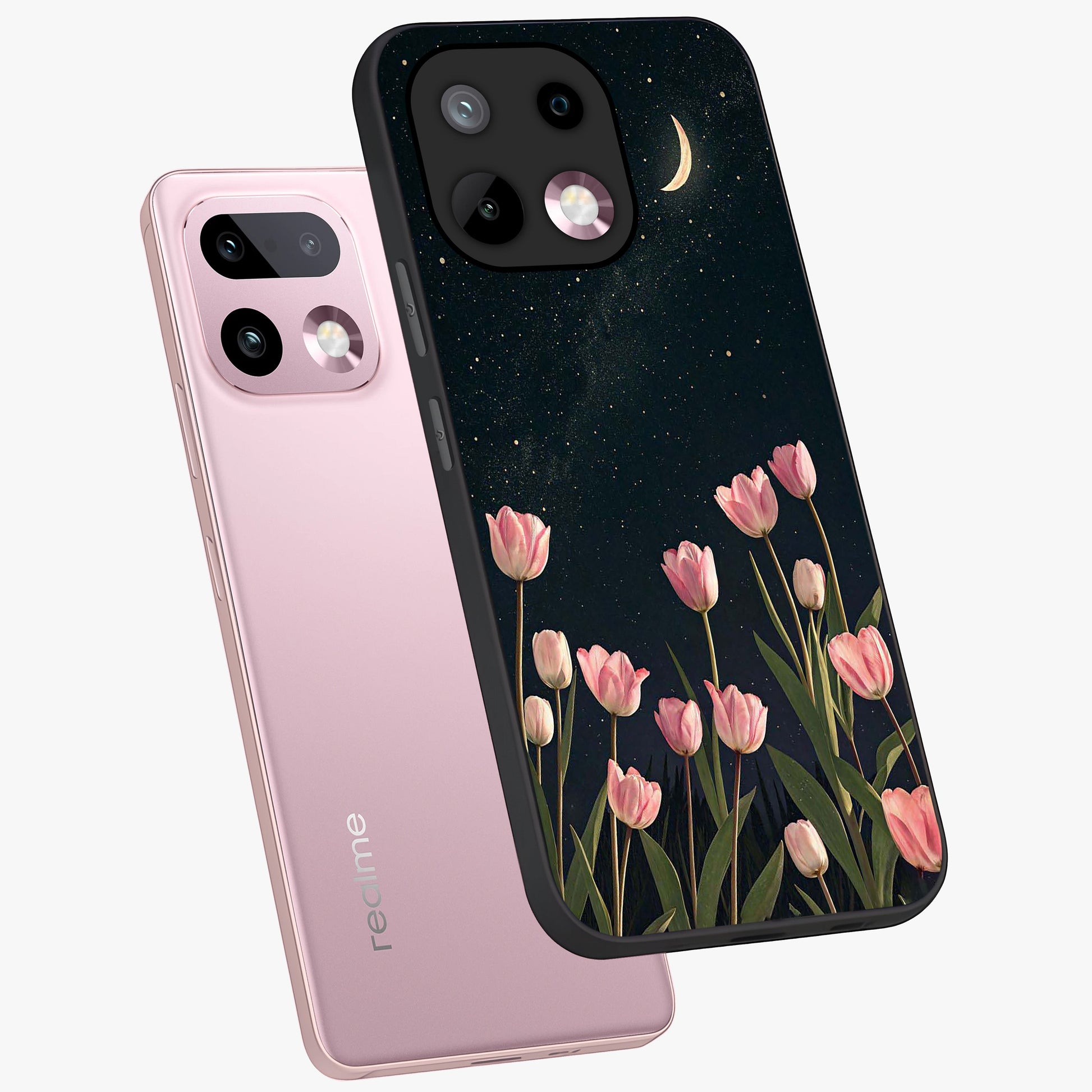Midnight Tulip Whispers Vibe Glass Case displayed in angled mockup highlighting delicate tulip design with midnight floral aesthetic.